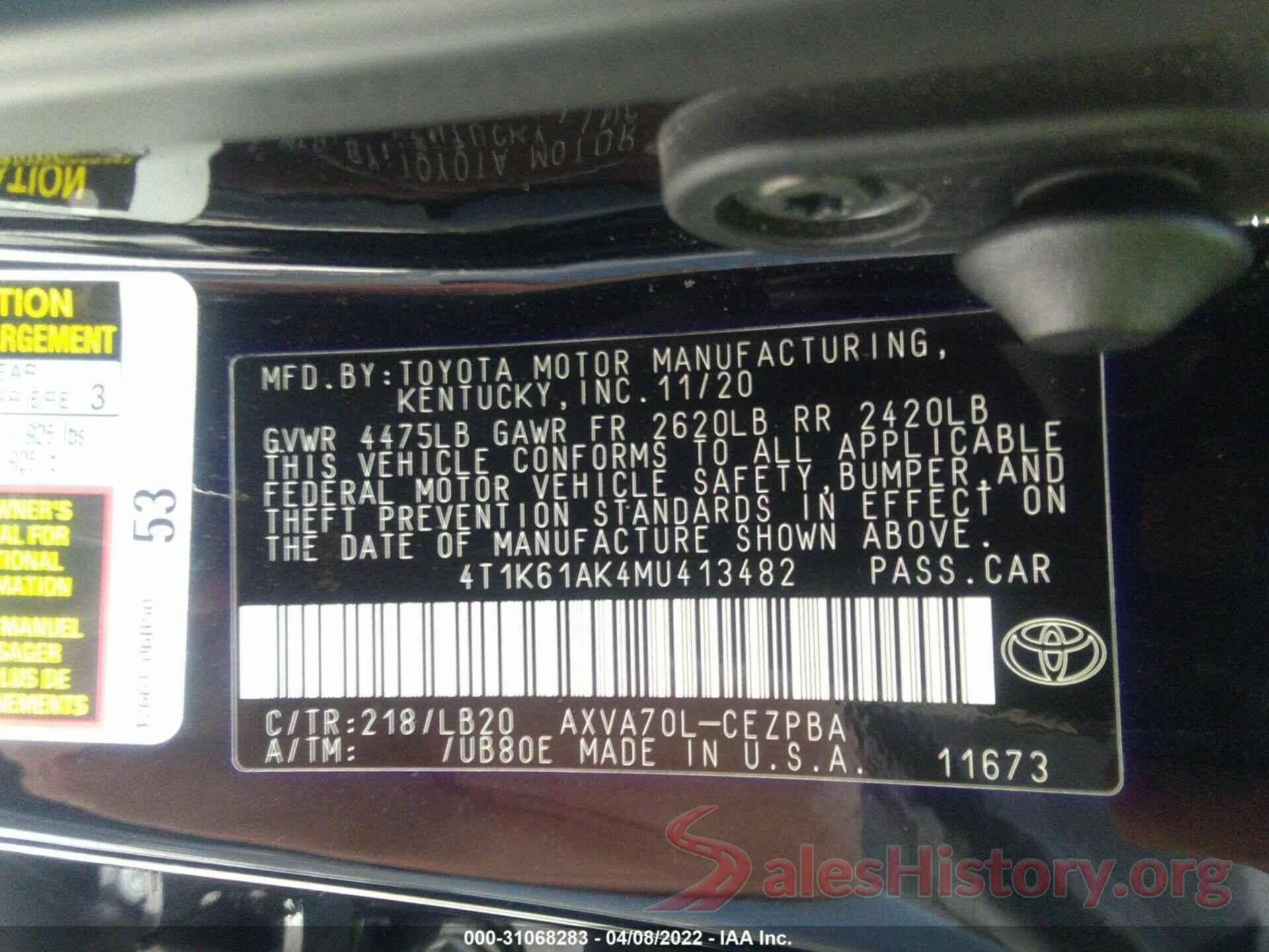 4T1K61AK4MU413482 2021 TOYOTA CAMRY