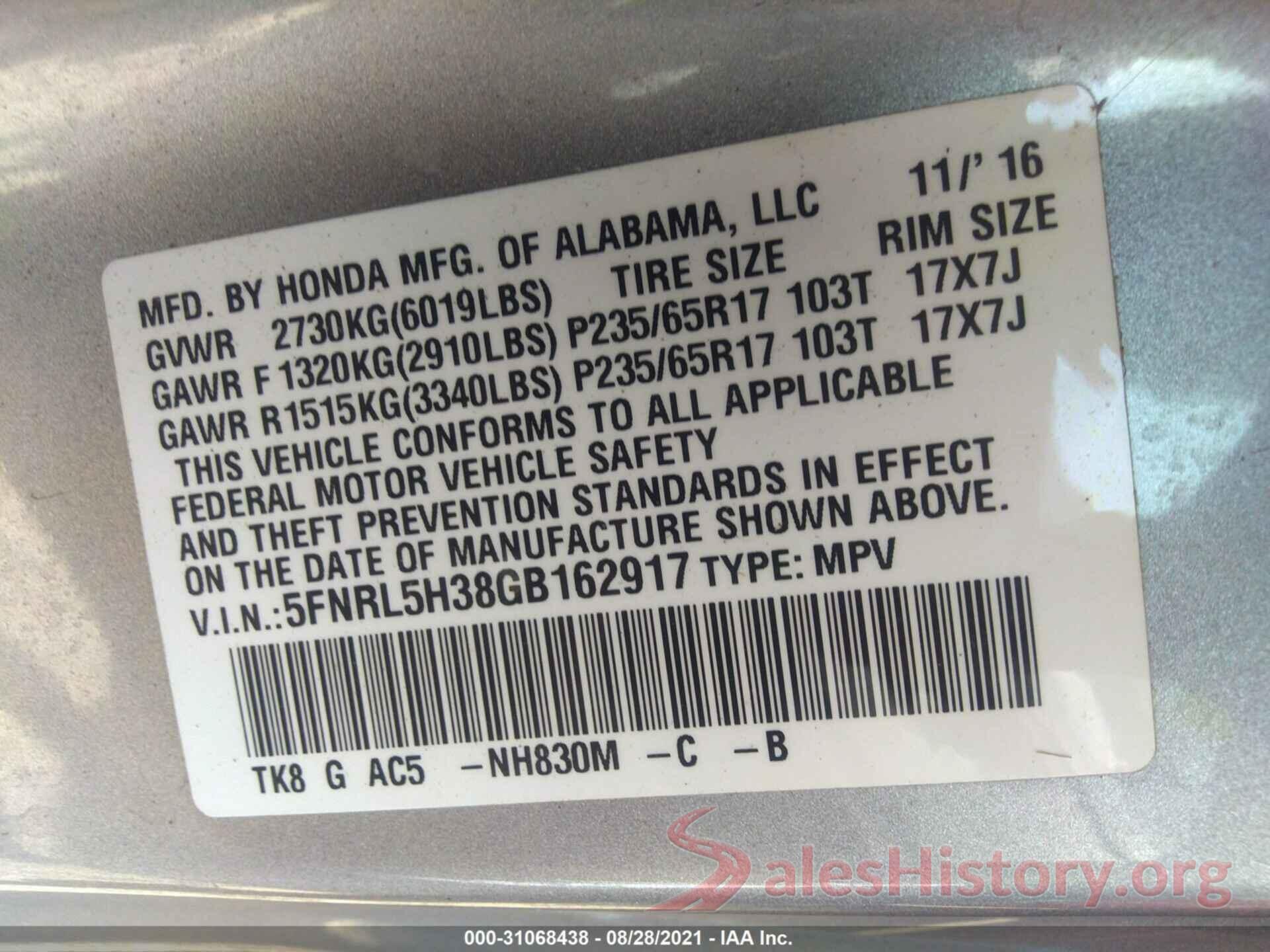 5FNRL5H38GB162917 2016 HONDA ODYSSEY