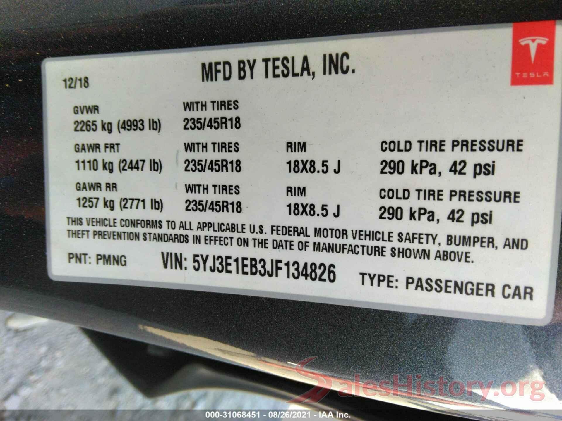 5YJ3E1EB3JF134826 2018 TESLA MODEL 3