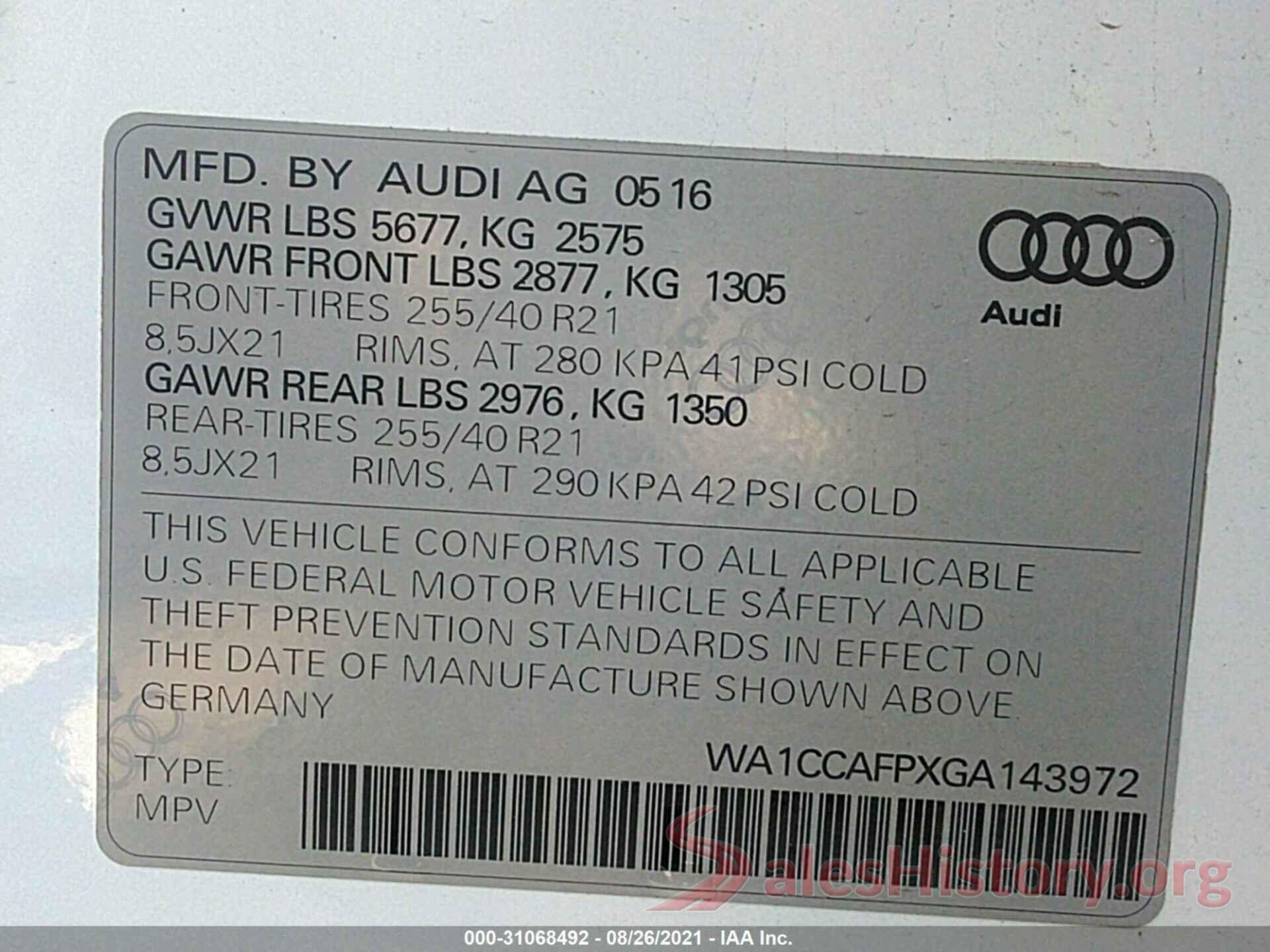 WA1CCAFPXGA143972 2016 AUDI SQ5