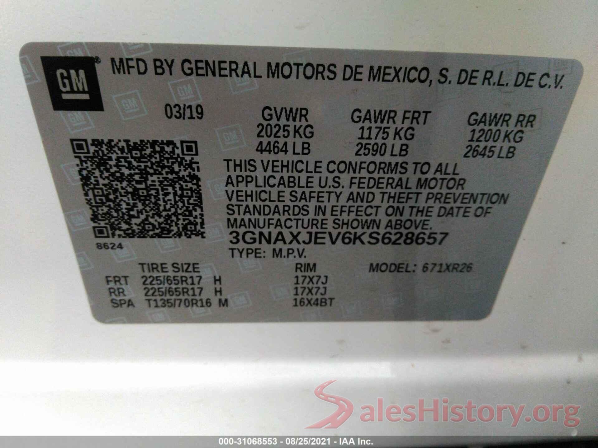 3GNAXJEV6KS628657 2019 CHEVROLET EQUINOX