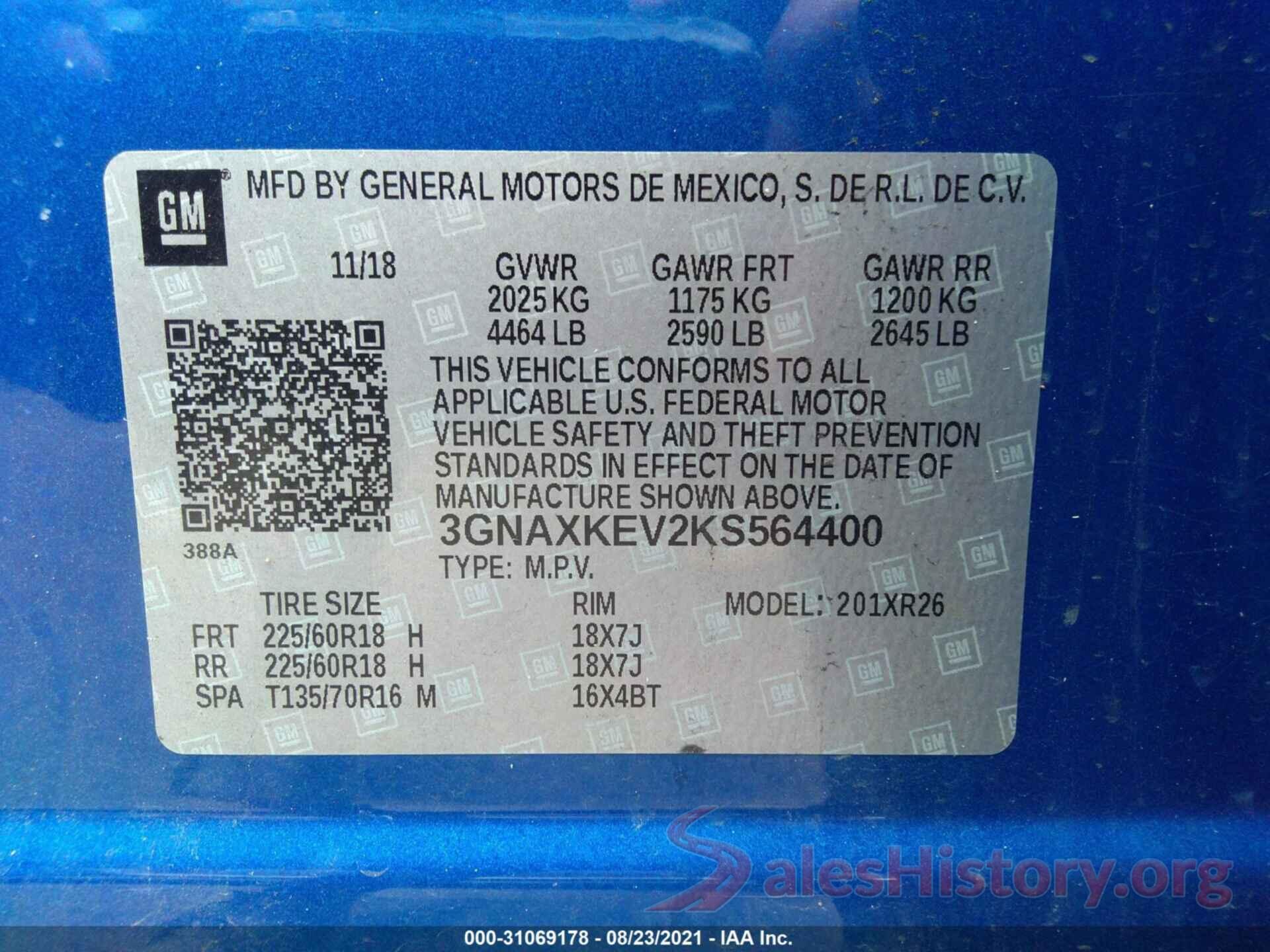 3GNAXKEV2KS564400 2019 CHEVROLET EQUINOX