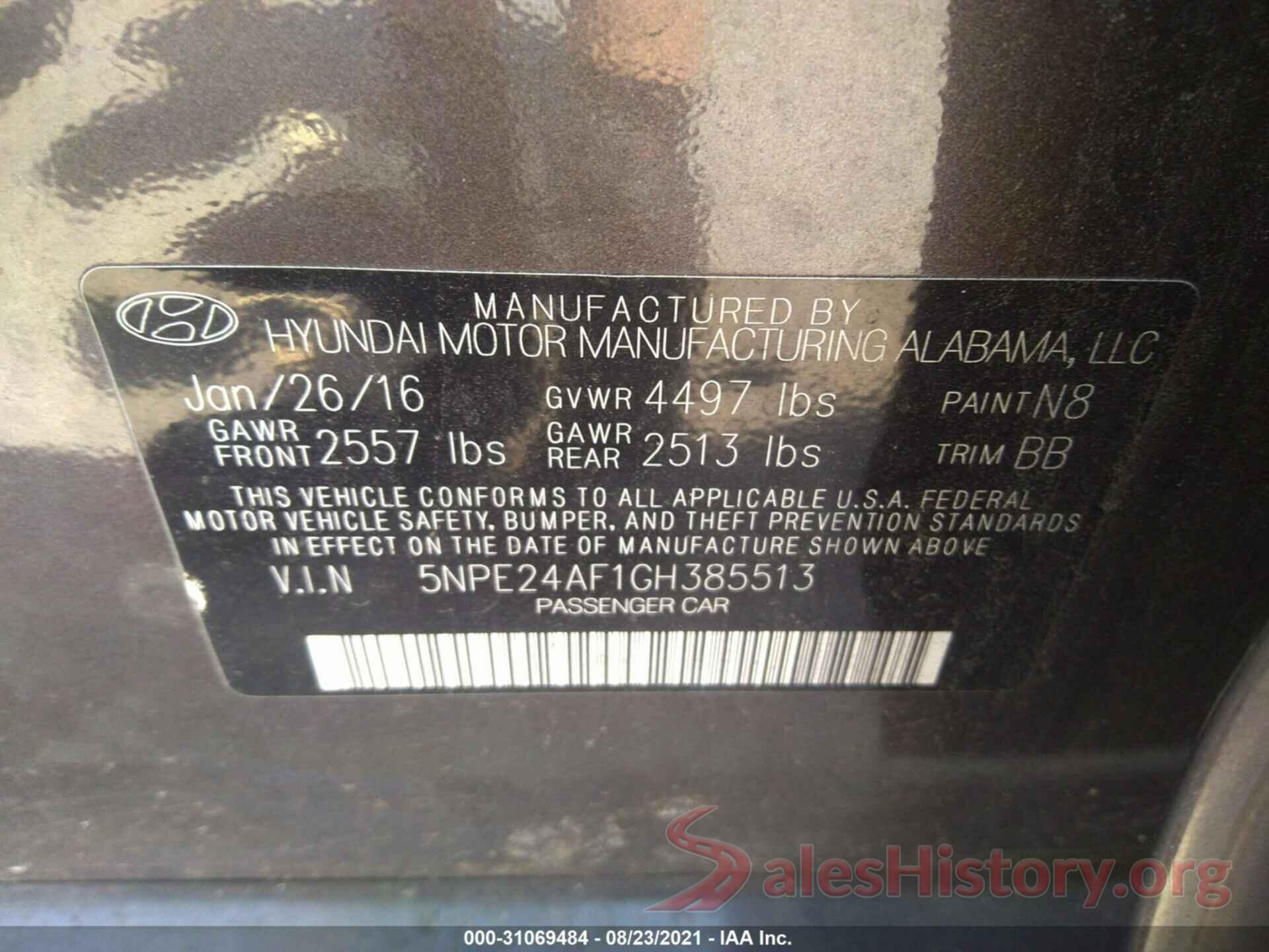 5NPE24AF1GH385513 2016 HYUNDAI SONATA