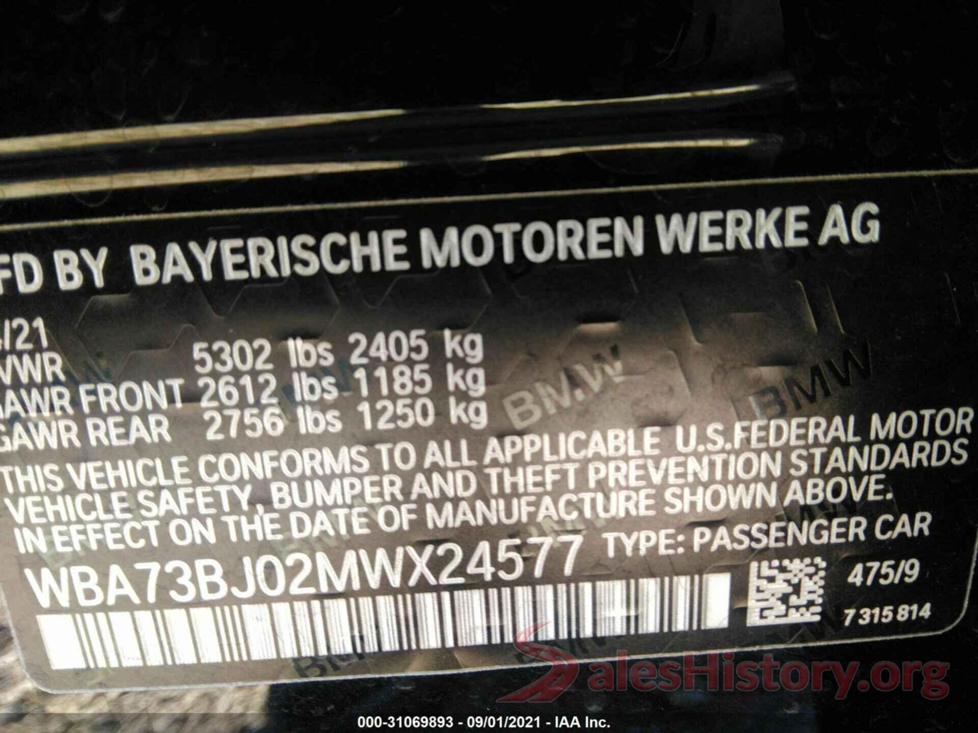 WBA73BJ02MWX24577 2021 BMW 5 SERIES