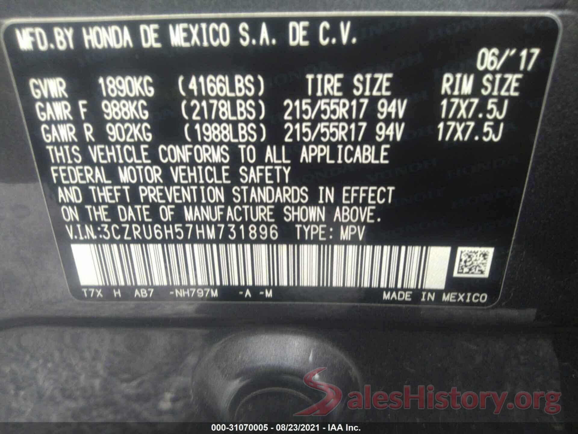 3CZRU6H57HM731896 2017 HONDA HR-V