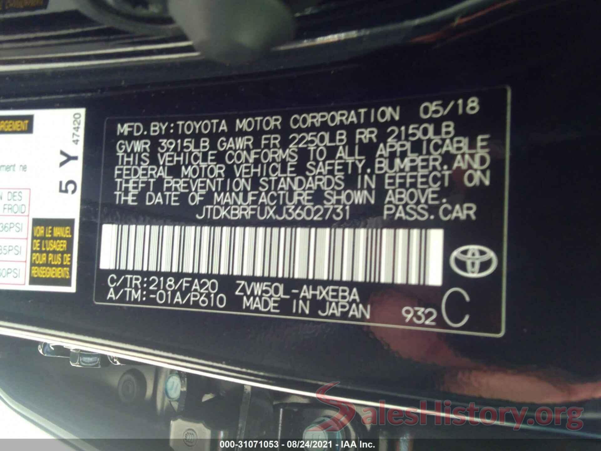 JTDKBRFUXJ3602731 2018 TOYOTA PRIUS