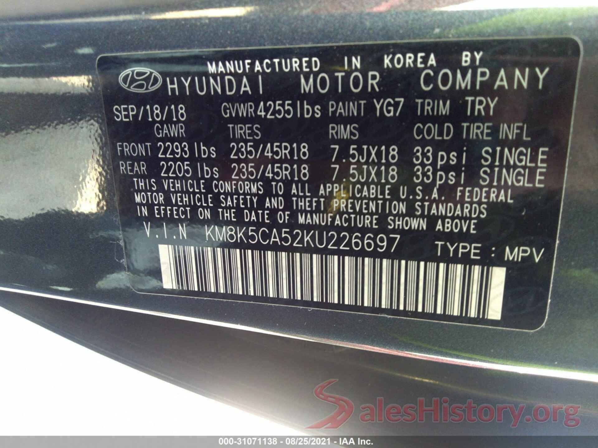 KM8K5CA52KU226697 2019 HYUNDAI KONA