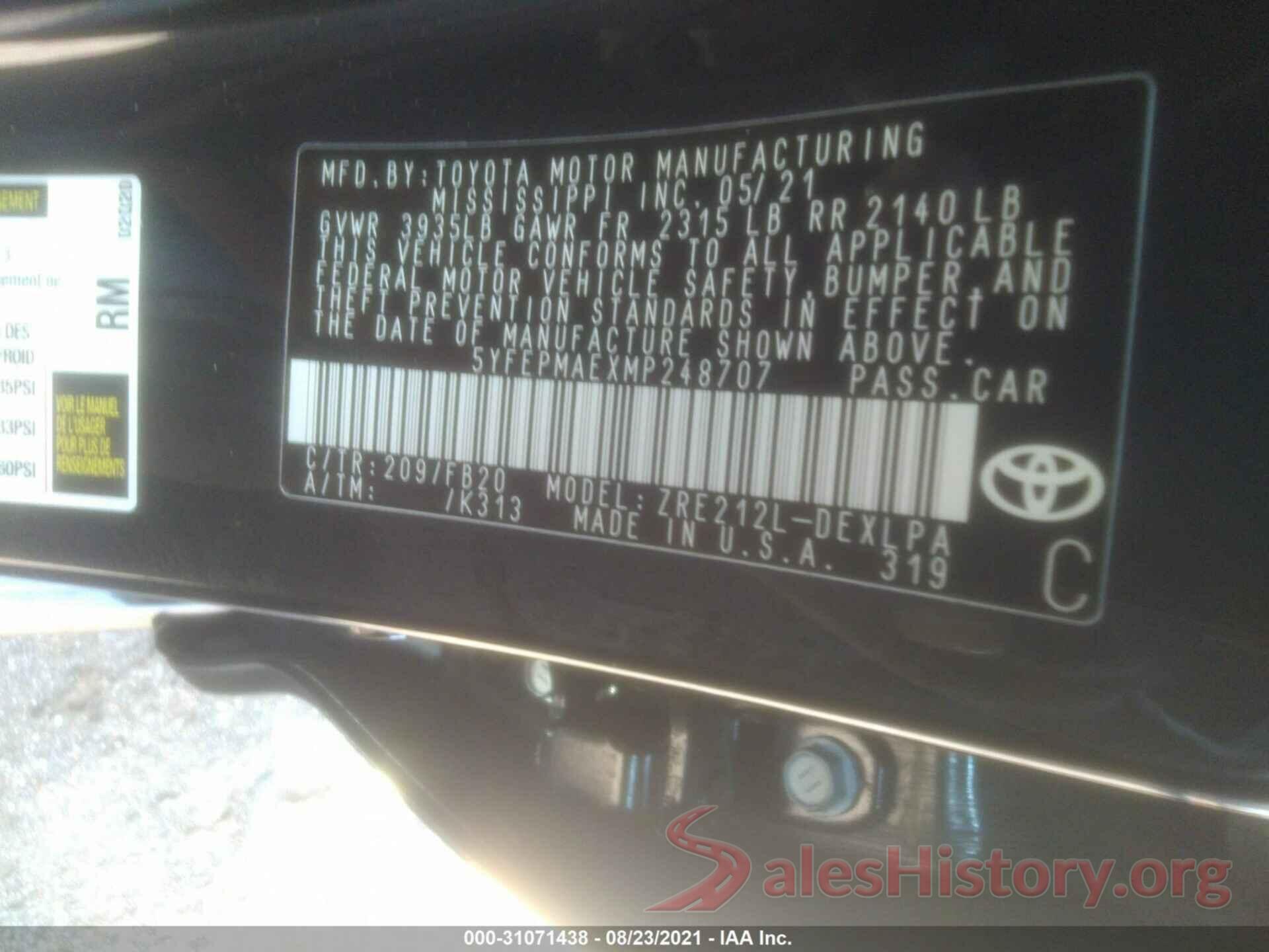 5YFEPMAEXMP248707 2021 TOYOTA COROLLA