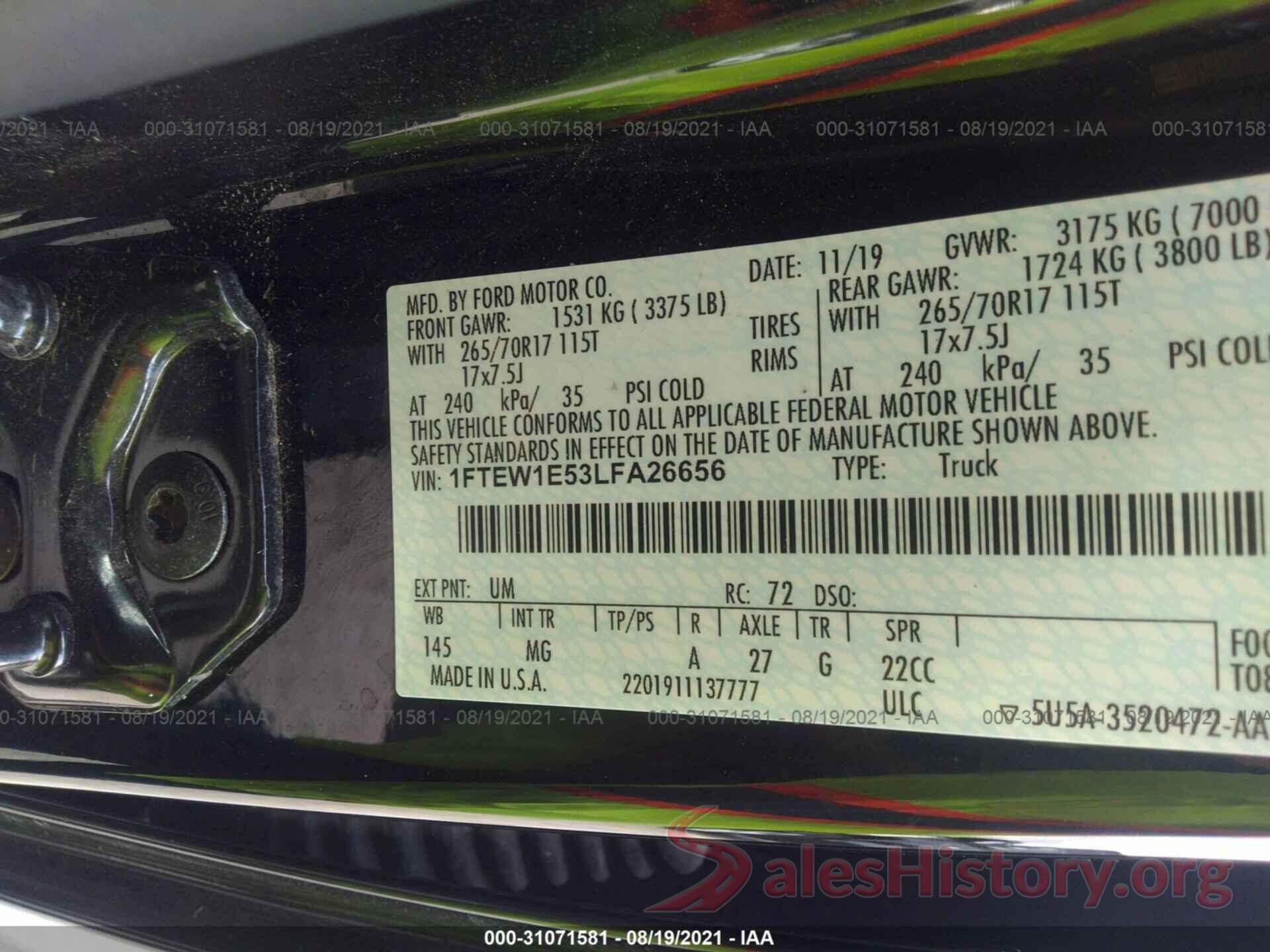 1FTEW1E53LFA26656 2020 FORD F-150