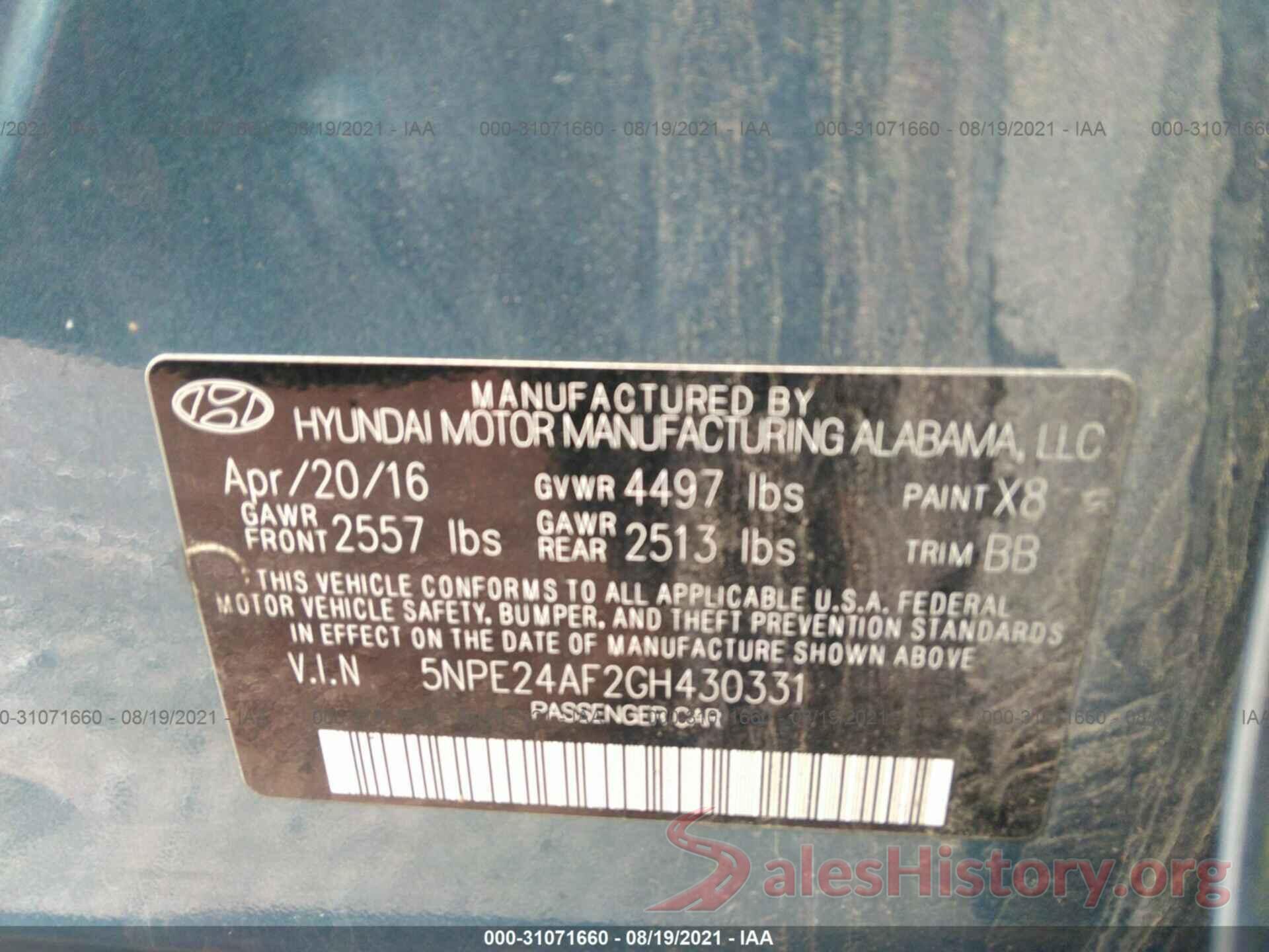 5NPE24AF2GH430331 2016 HYUNDAI SONATA