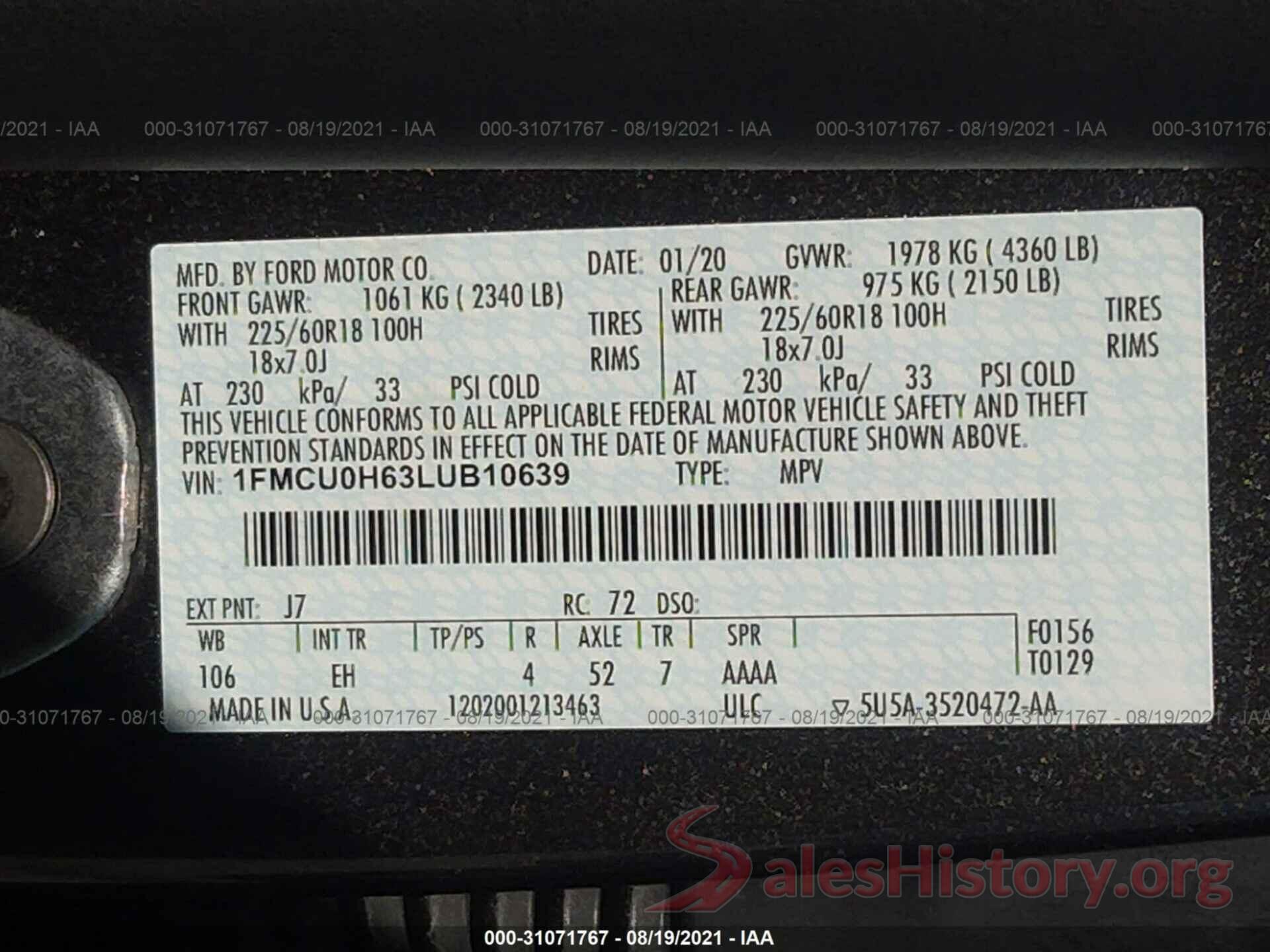 1FMCU0H63LUB10639 2020 FORD ESCAPE