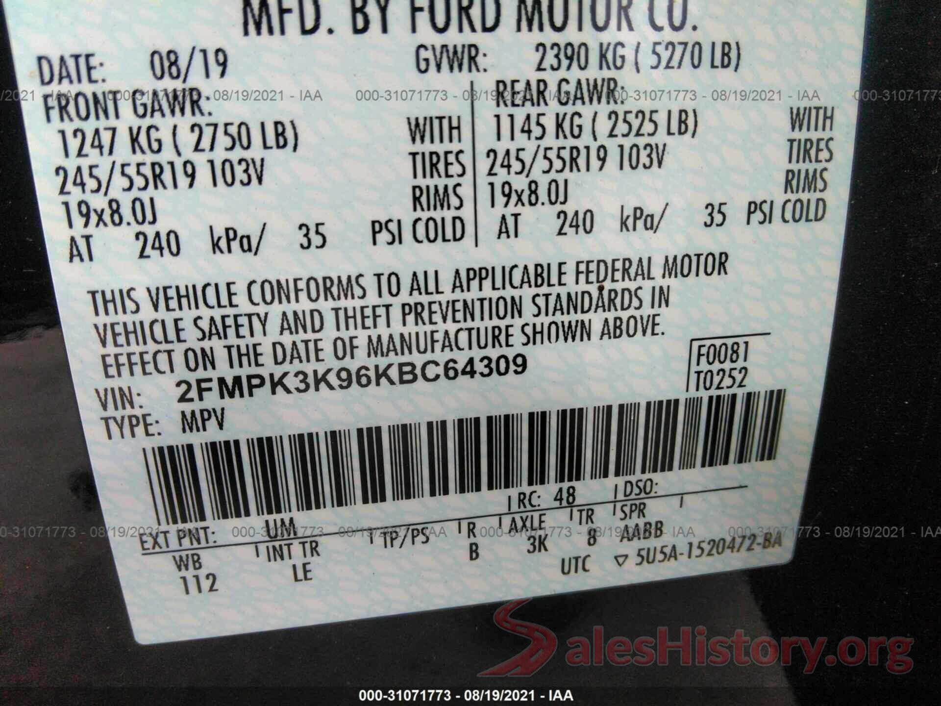 2FMPK3K96KBC64309 2019 FORD EDGE