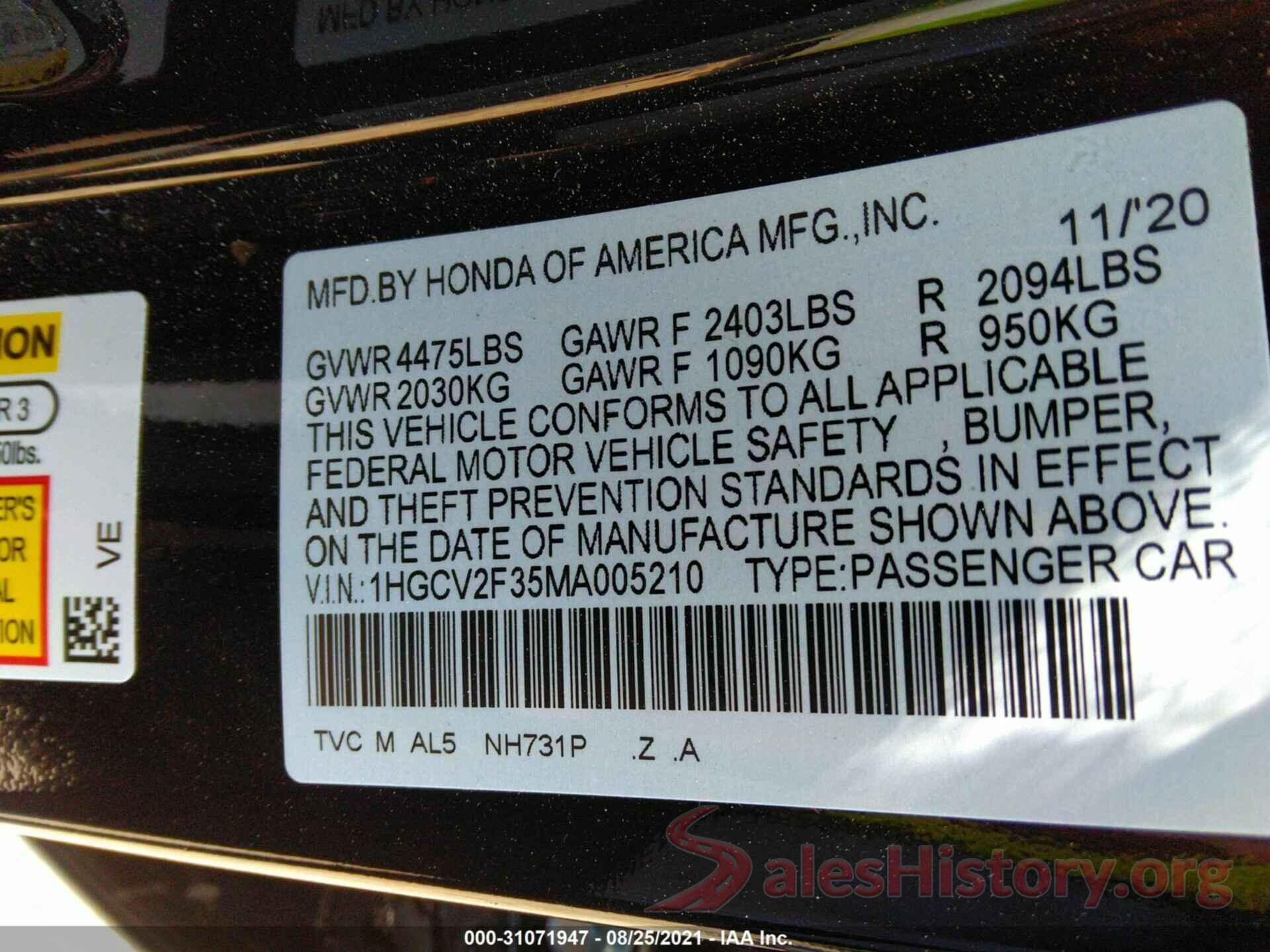 1HGCV2F35MA005210 2021 HONDA ACCORD SEDAN