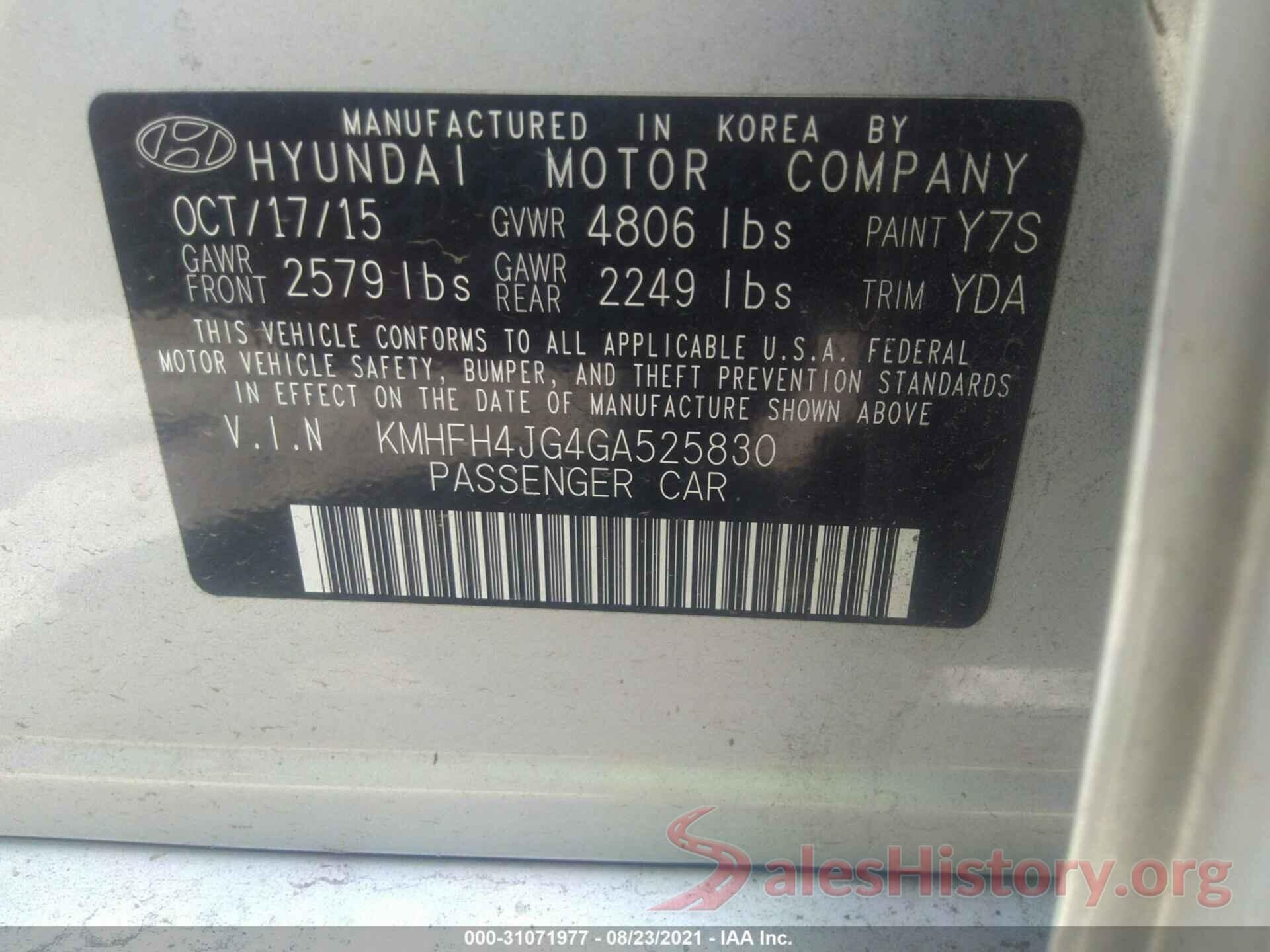 KMHFH4JG4GA525830 2016 HYUNDAI AZERA