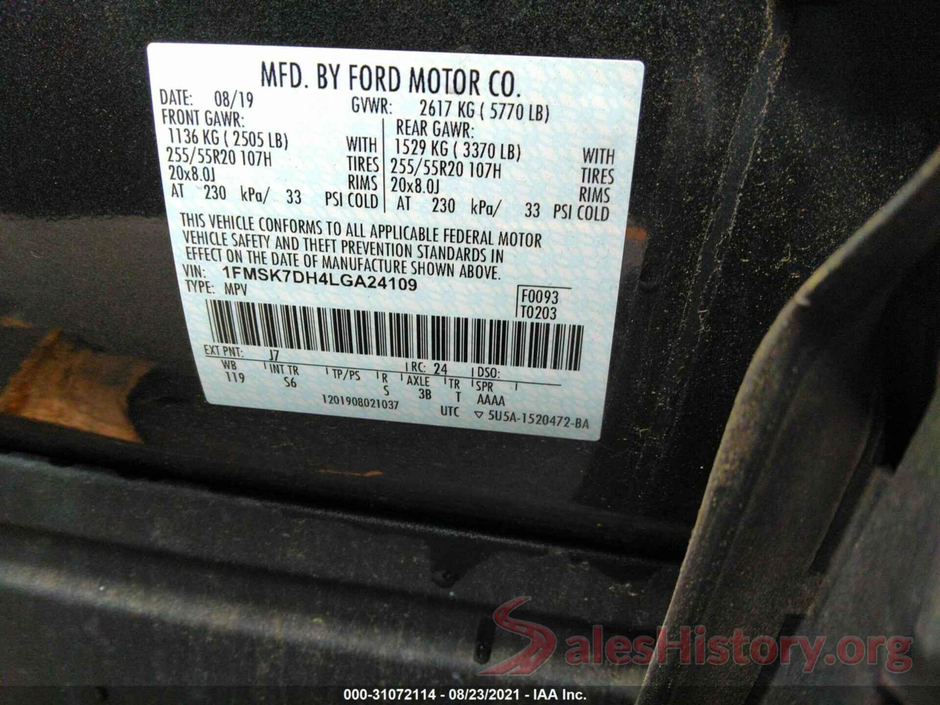 1FMSK7DH4LGA24109 2020 FORD EXPLORER