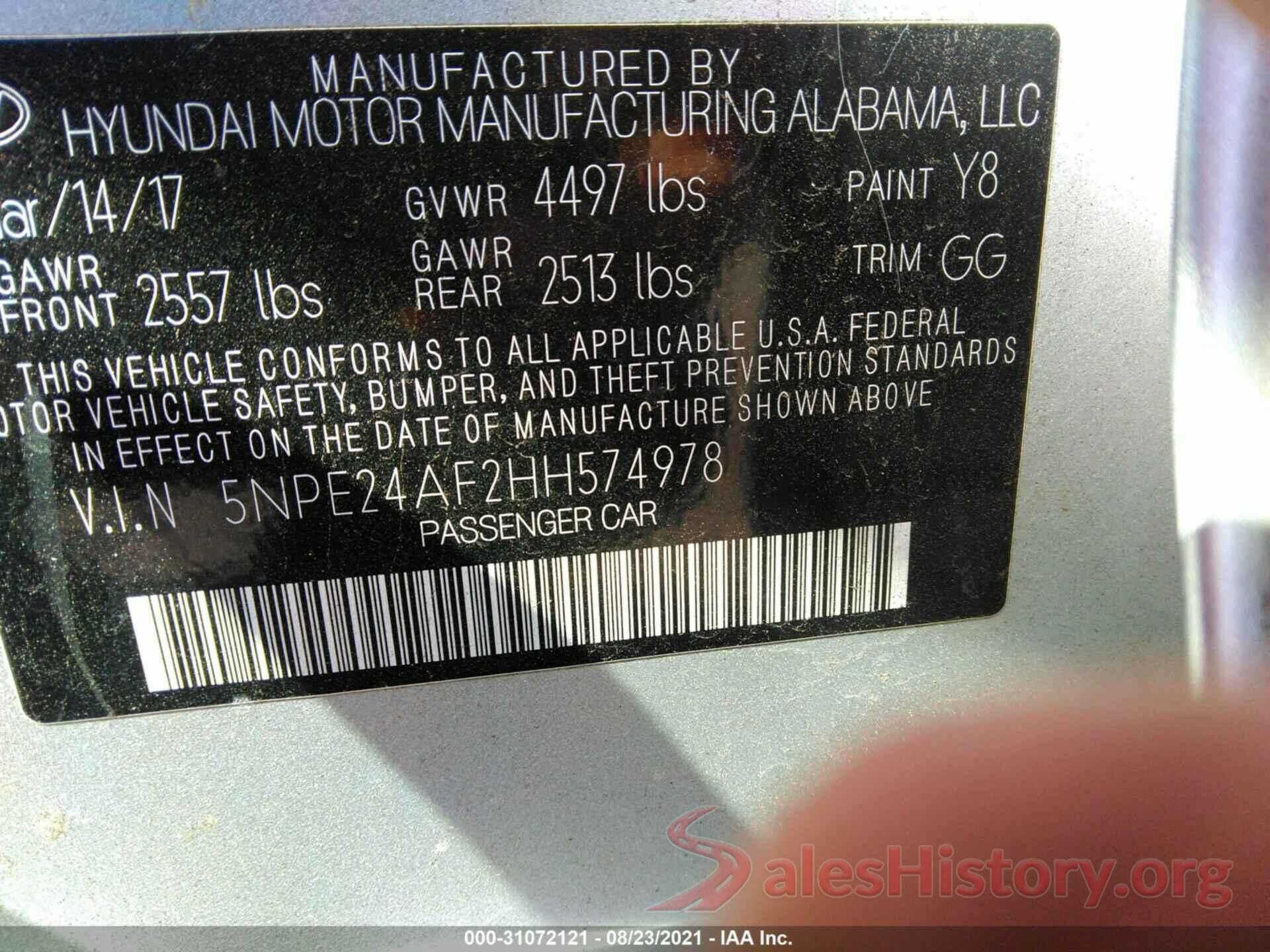 5NPE24AF2HH574978 2017 HYUNDAI SONATA