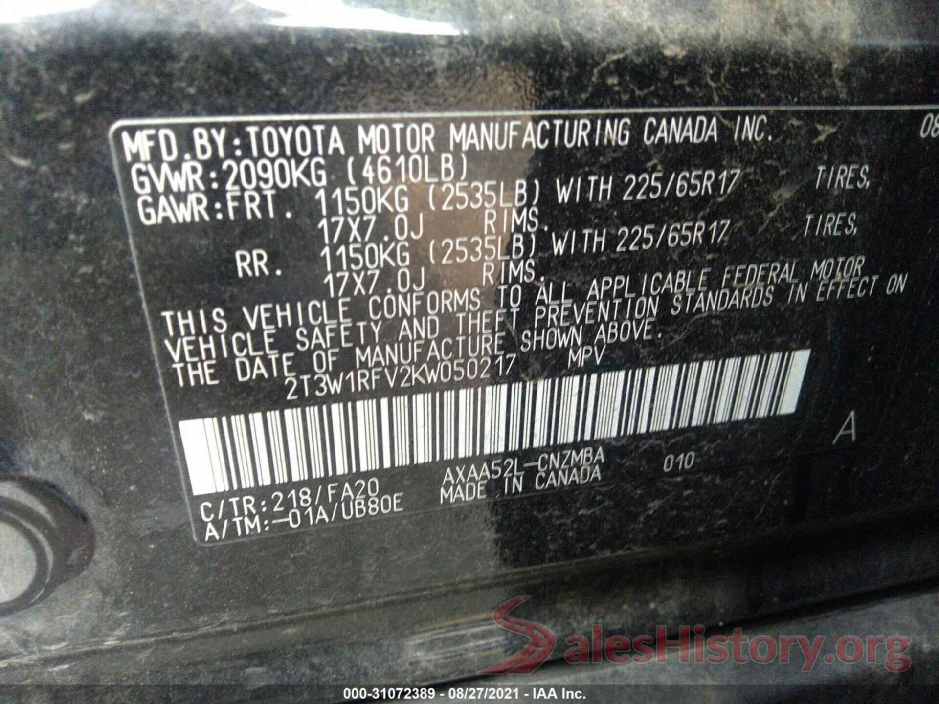 2T3W1RFV2KW050217 2019 TOYOTA RAV4