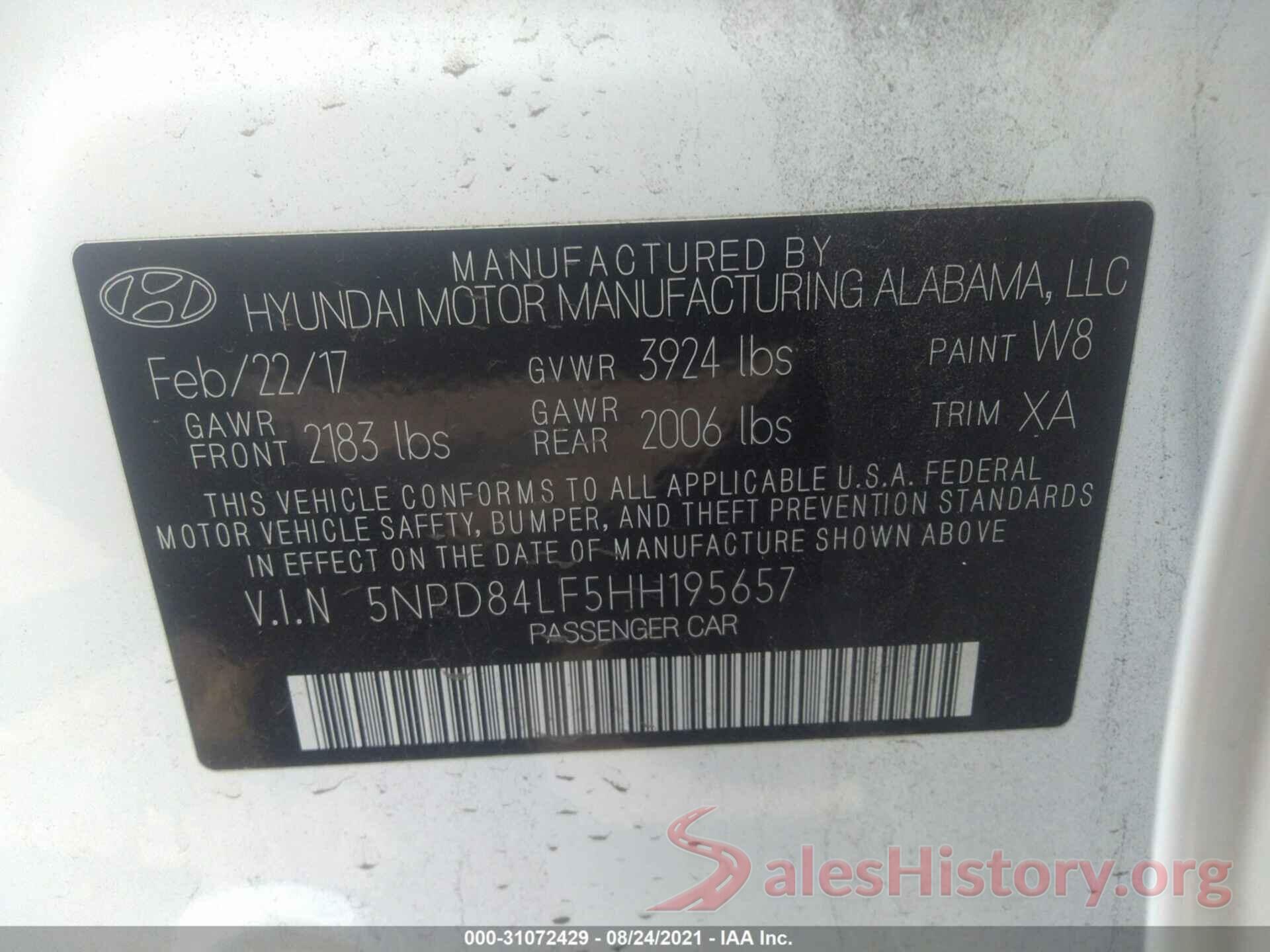 5NPD84LF5HH195657 2017 HYUNDAI ELANTRA