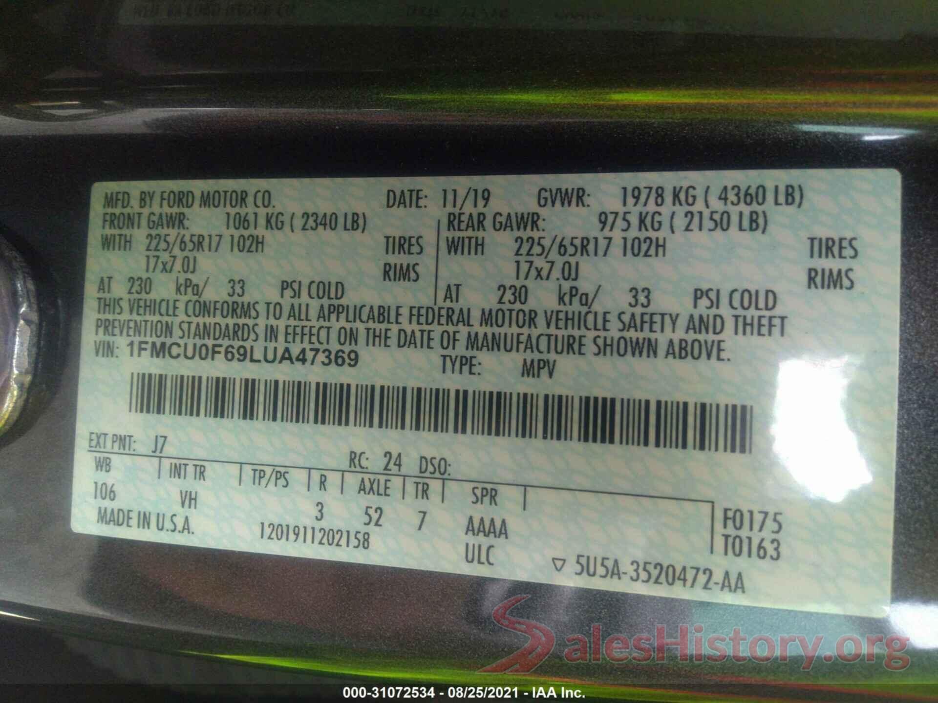 1FMCU0F69LUA47369 2020 FORD ESCAPE