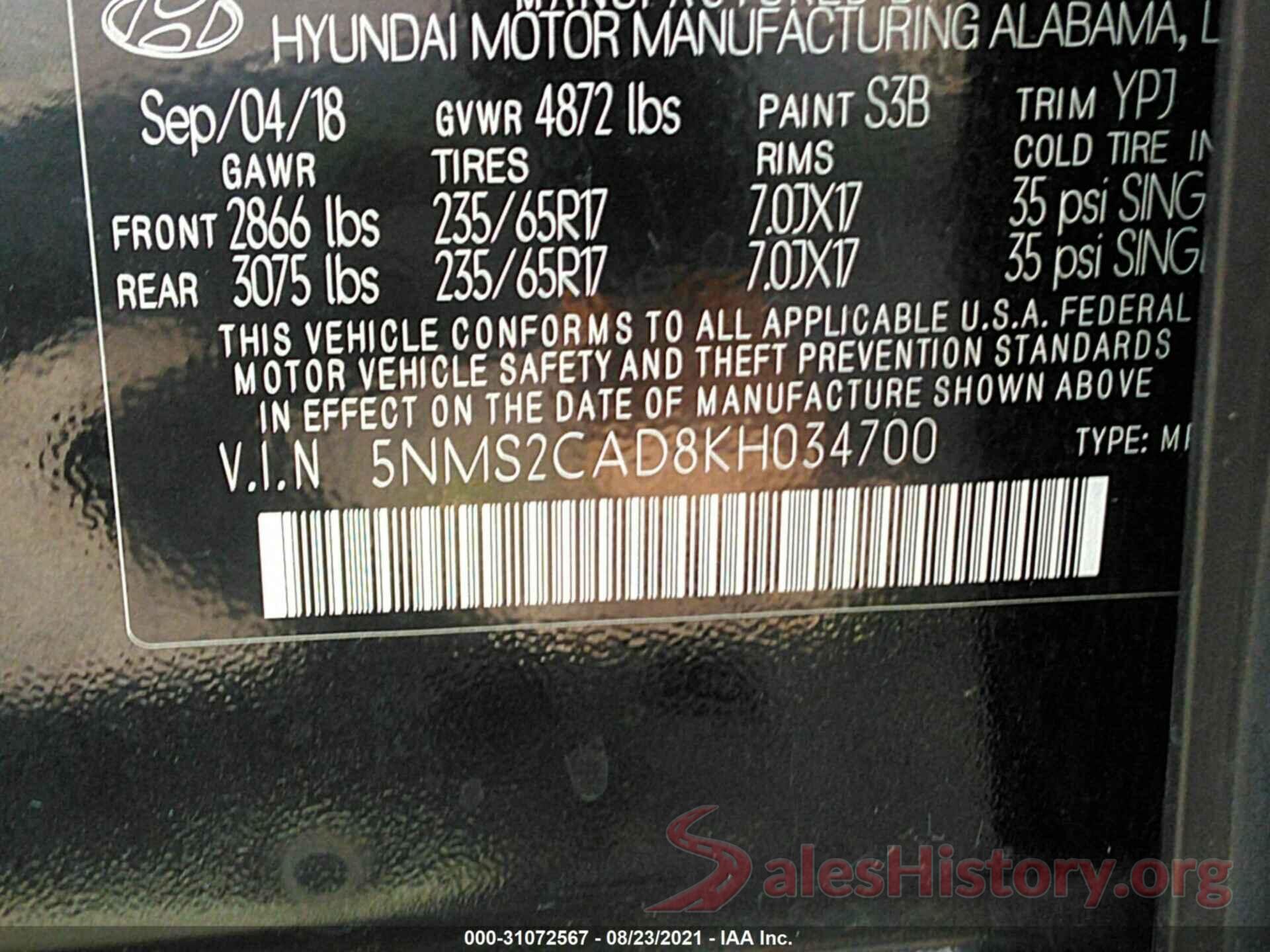 5NMS2CAD8KH034700 2019 HYUNDAI SANTA FE