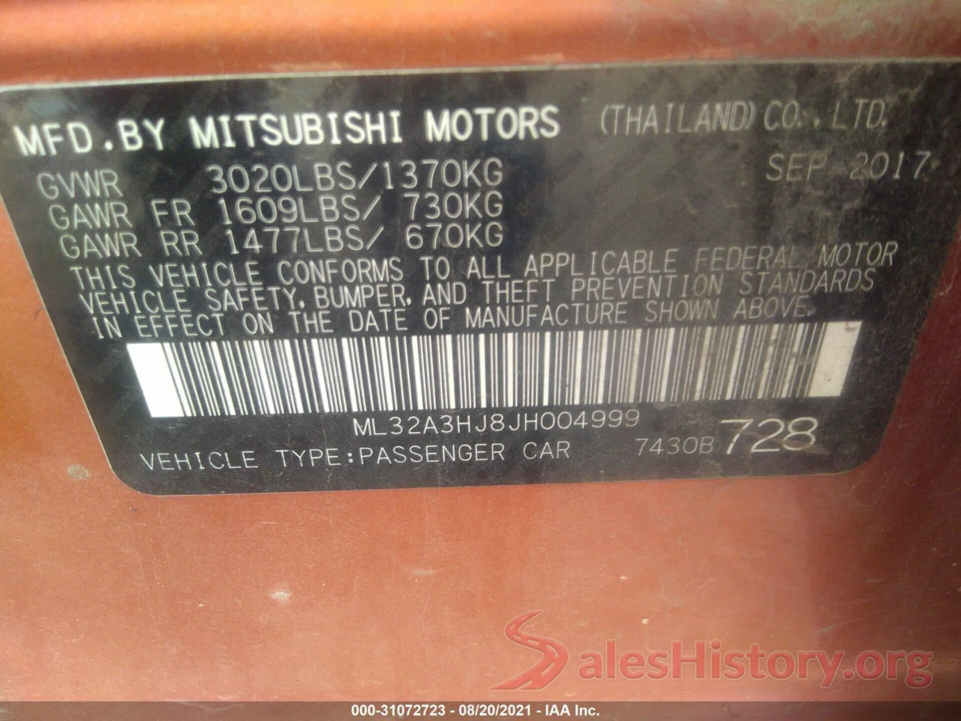 ML32A3HJ8JH004999 2018 MITSUBISHI MIRAGE