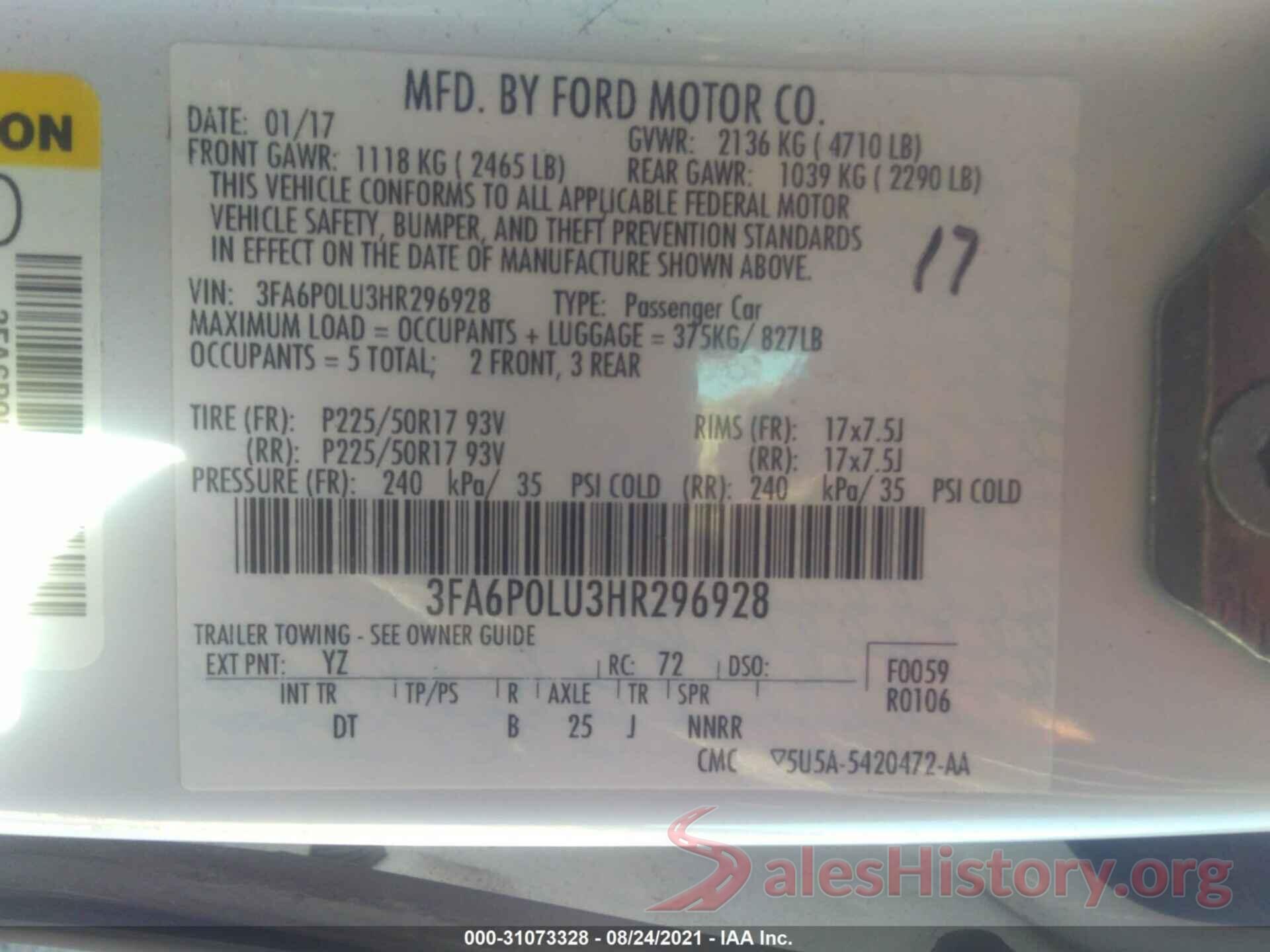 3FA6P0LU3HR296928 2017 FORD FUSION