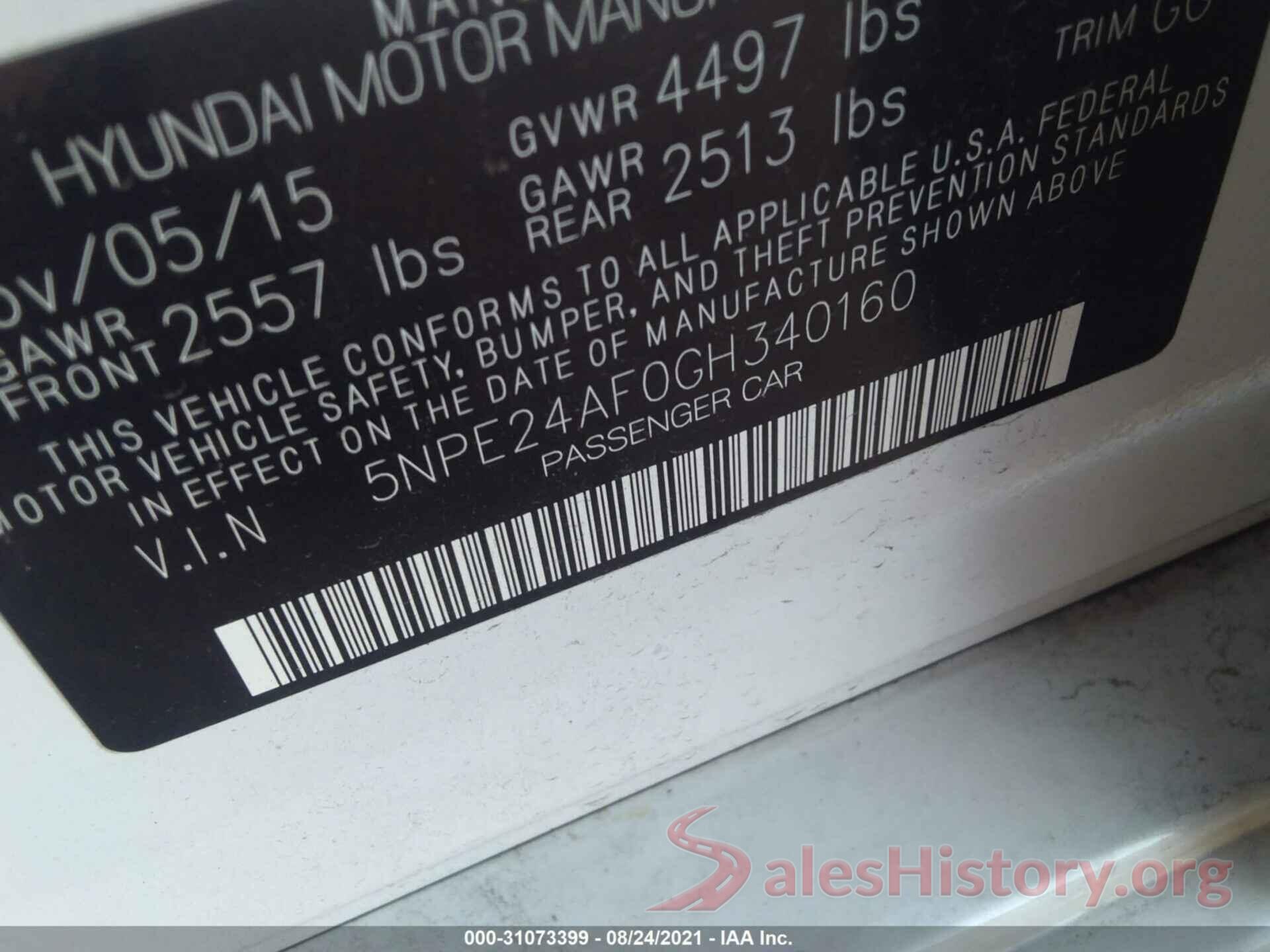 5NPE24AF0GH340160 2016 HYUNDAI SONATA