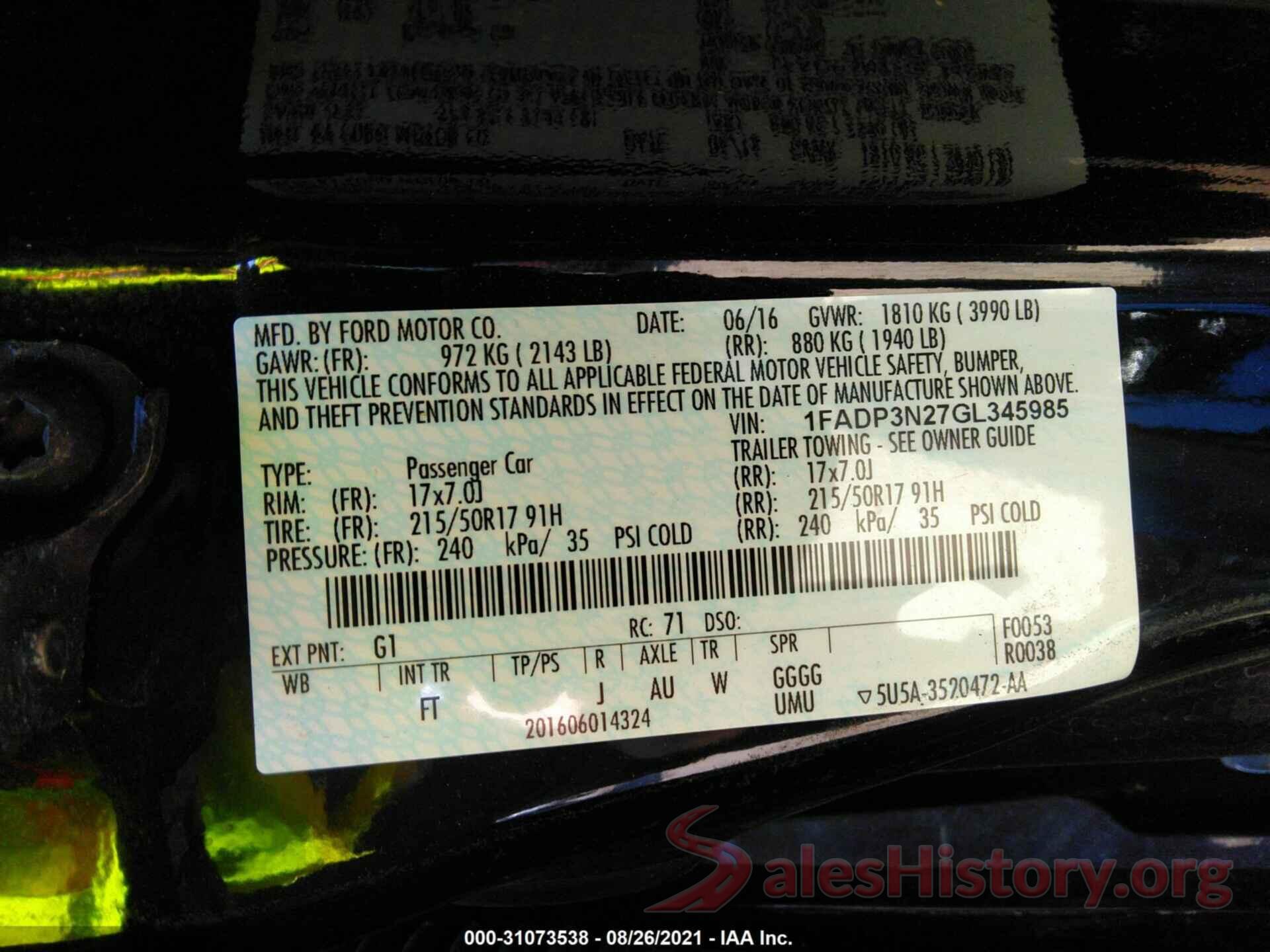 1FADP3N27GL345985 2016 FORD FOCUS