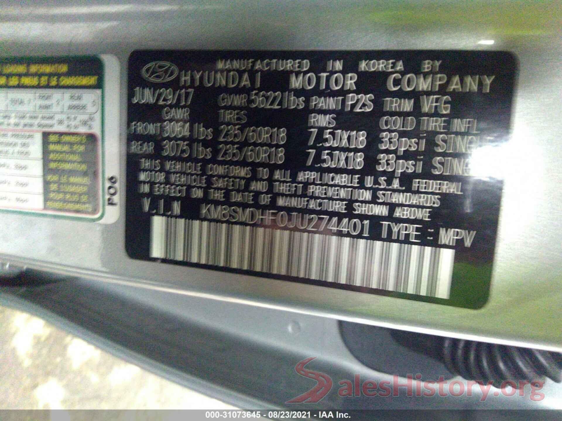 KM8SMDHF0JU274401 2018 HYUNDAI SANTA FE