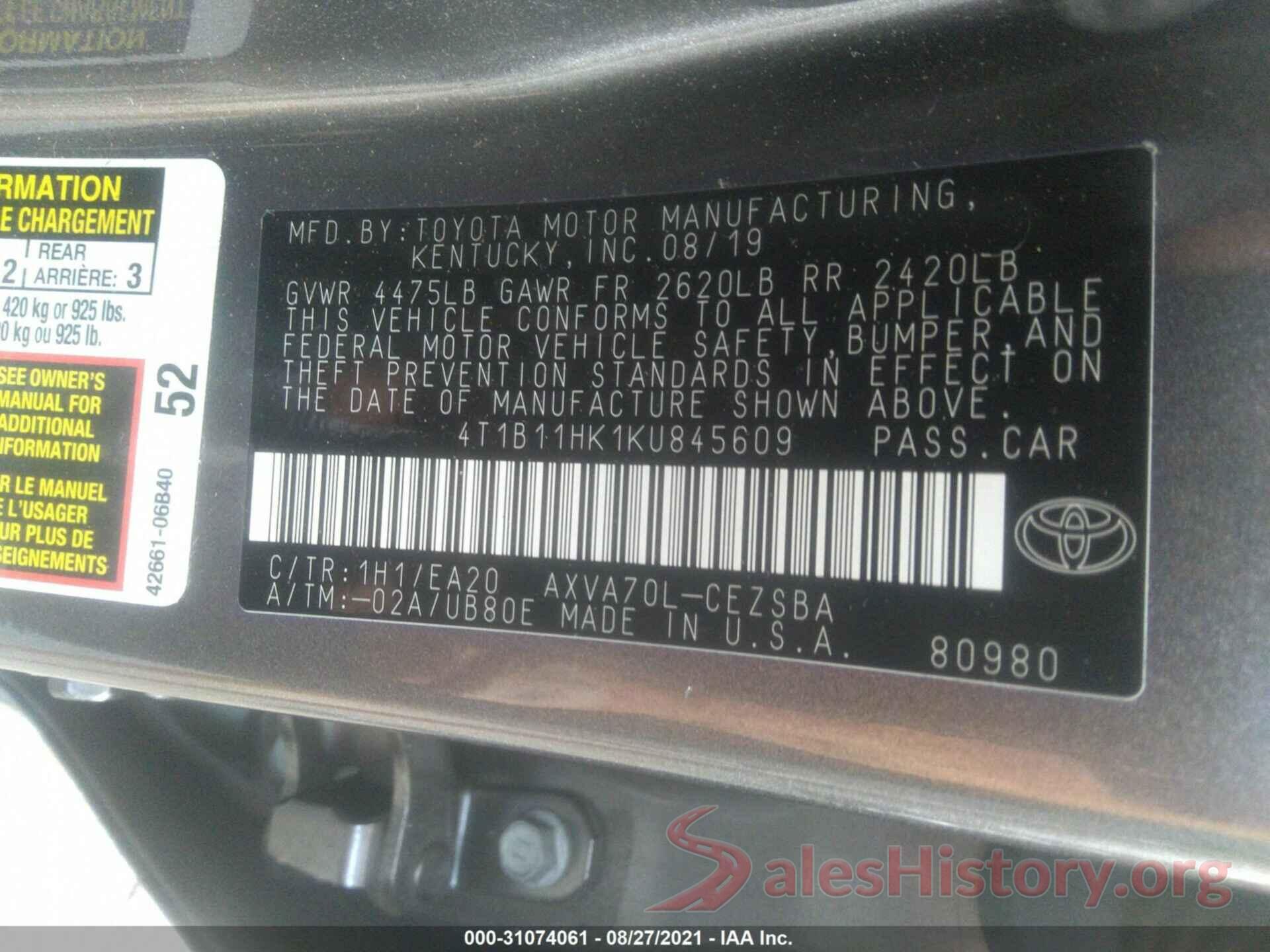 4T1B11HK1KU845609 2019 TOYOTA CAMRY