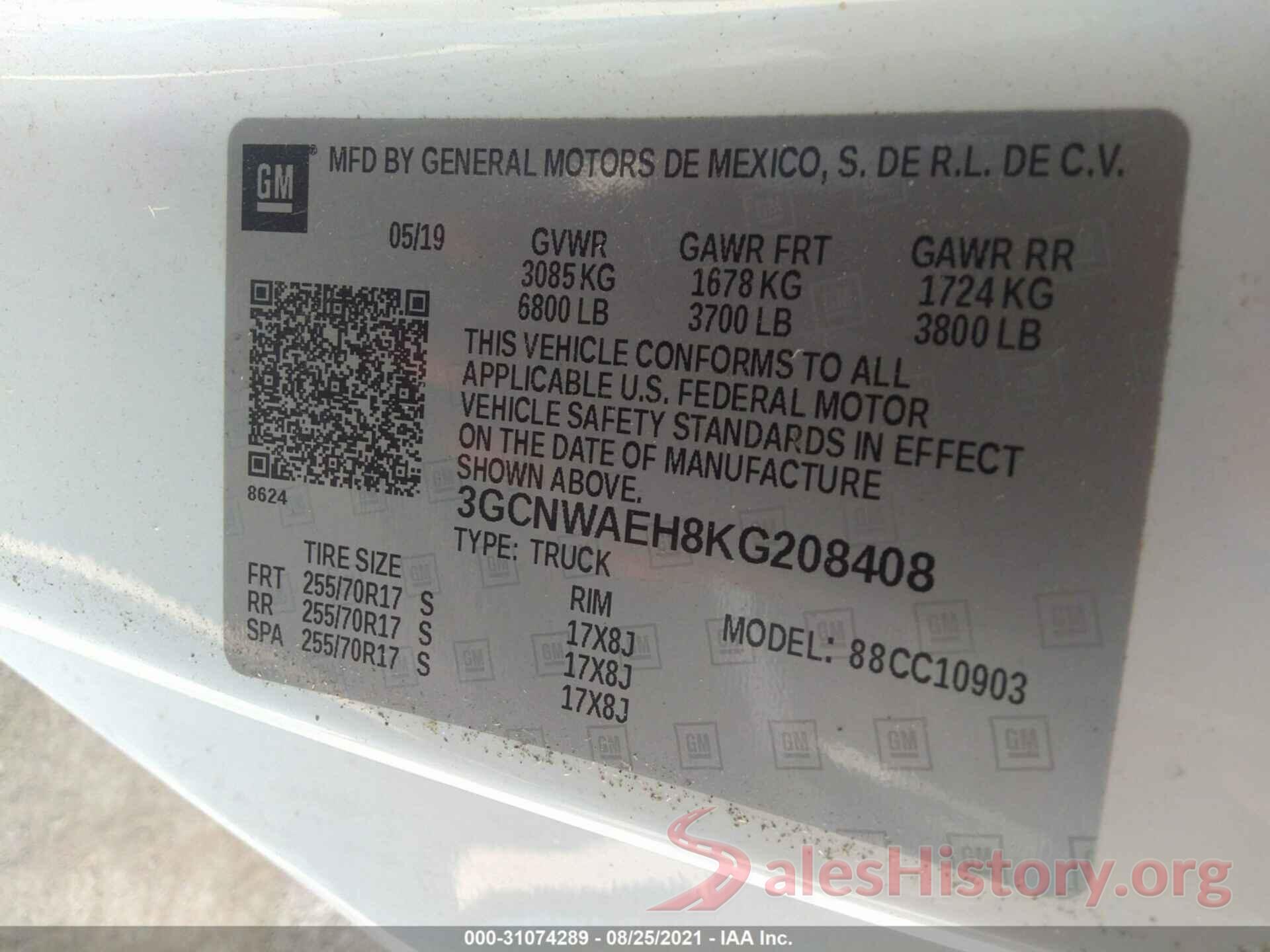 3GCNWAEH8KG208408 2019 CHEVROLET SILVERADO 1500