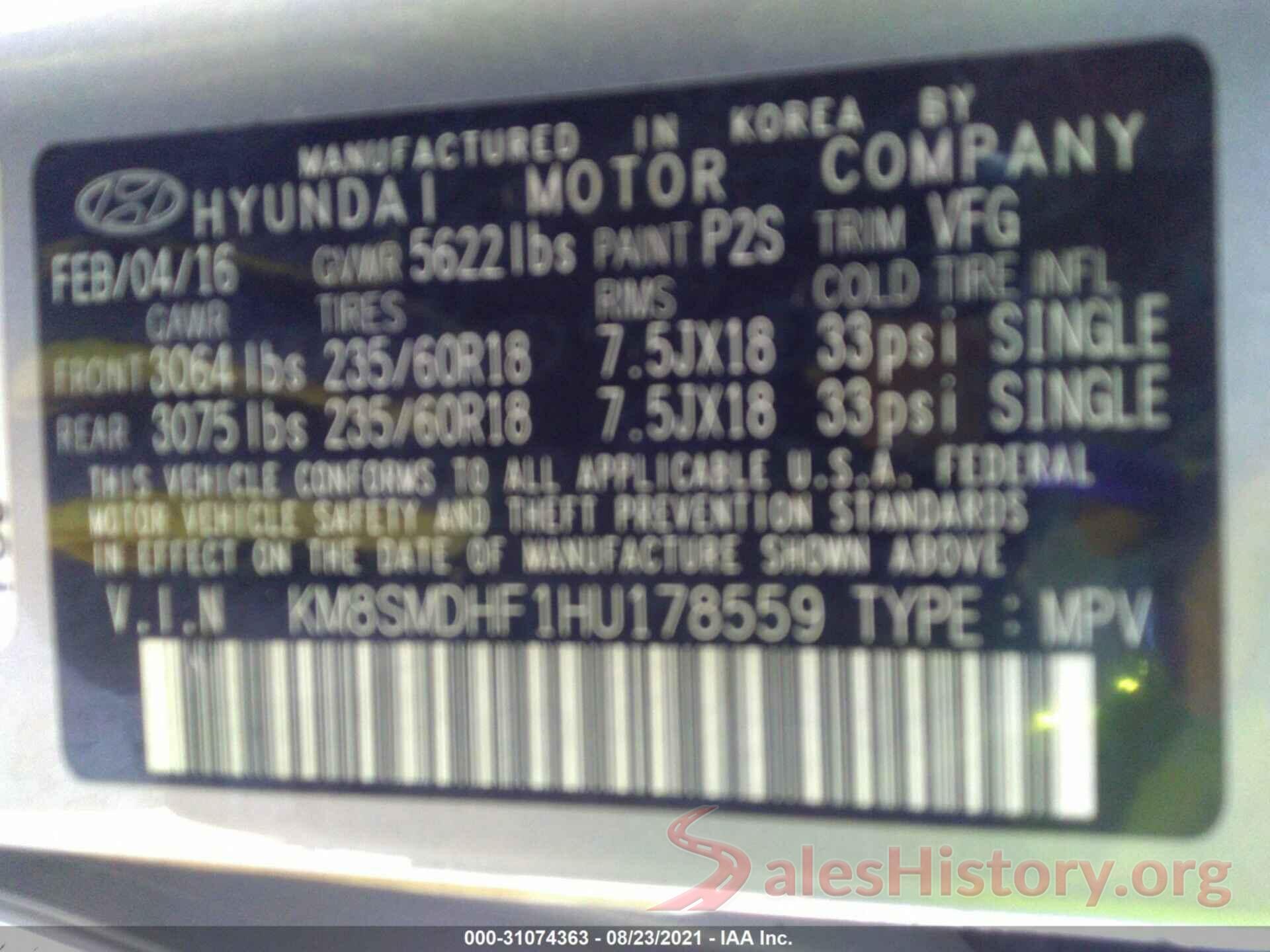 KM8SMDHF1HU178559 2017 HYUNDAI SANTA FE