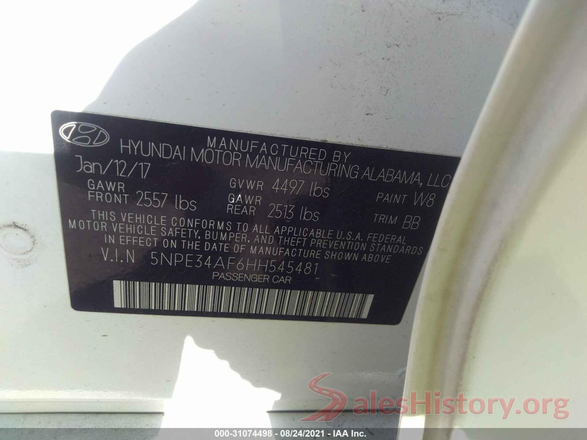 5NPE34AF6HH545481 2017 HYUNDAI SONATA