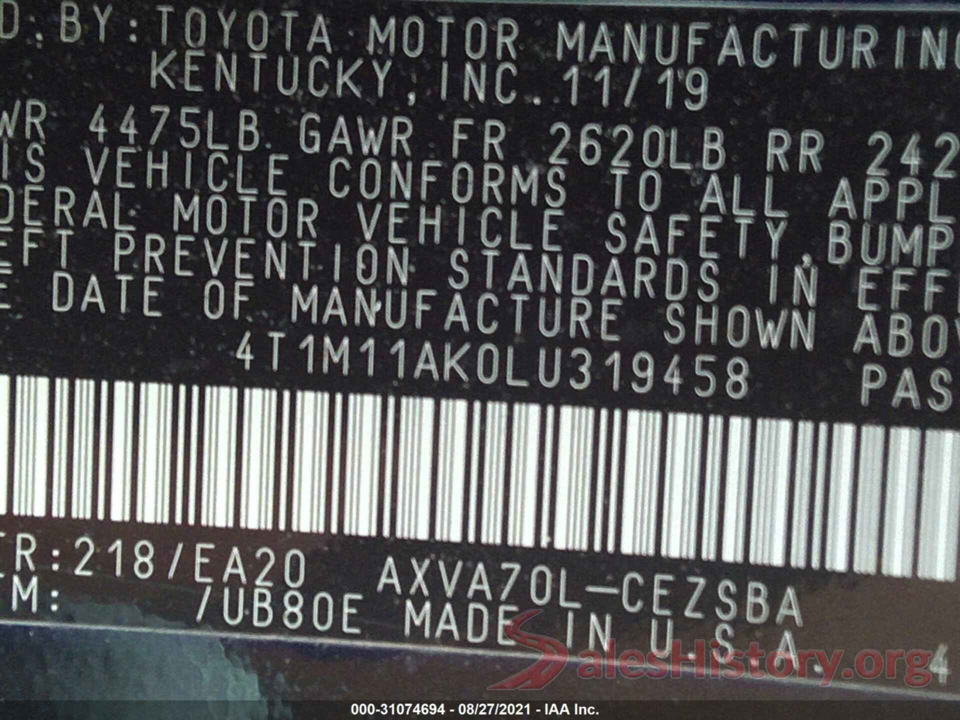 4T1M11AK0LU319458 2020 TOYOTA CAMRY