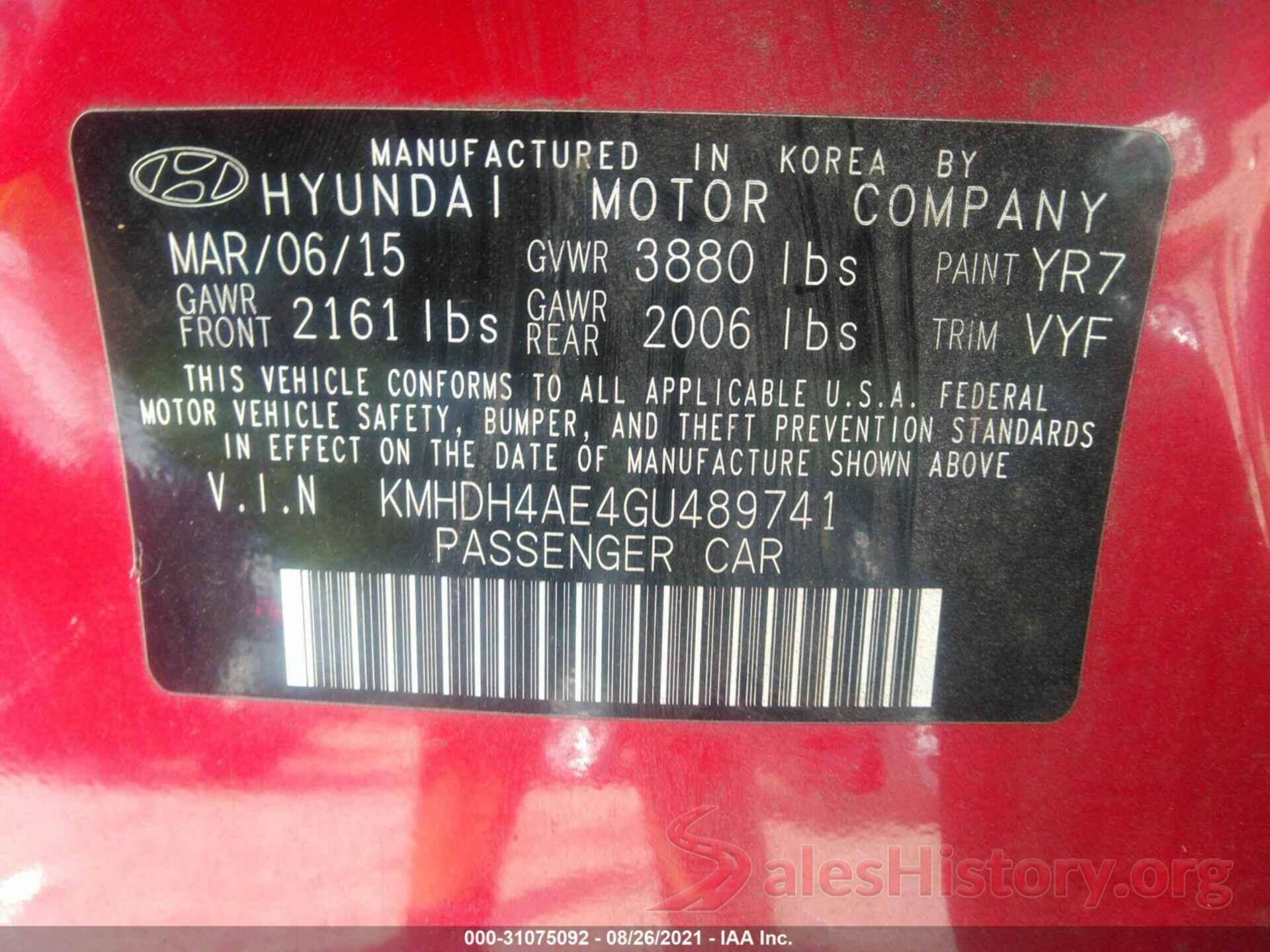 KMHDH4AE4GU489741 2016 HYUNDAI ELANTRA