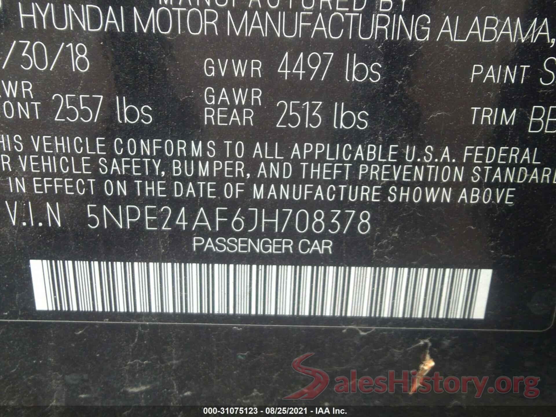 5NPE24AF6JH708378 2018 HYUNDAI SONATA