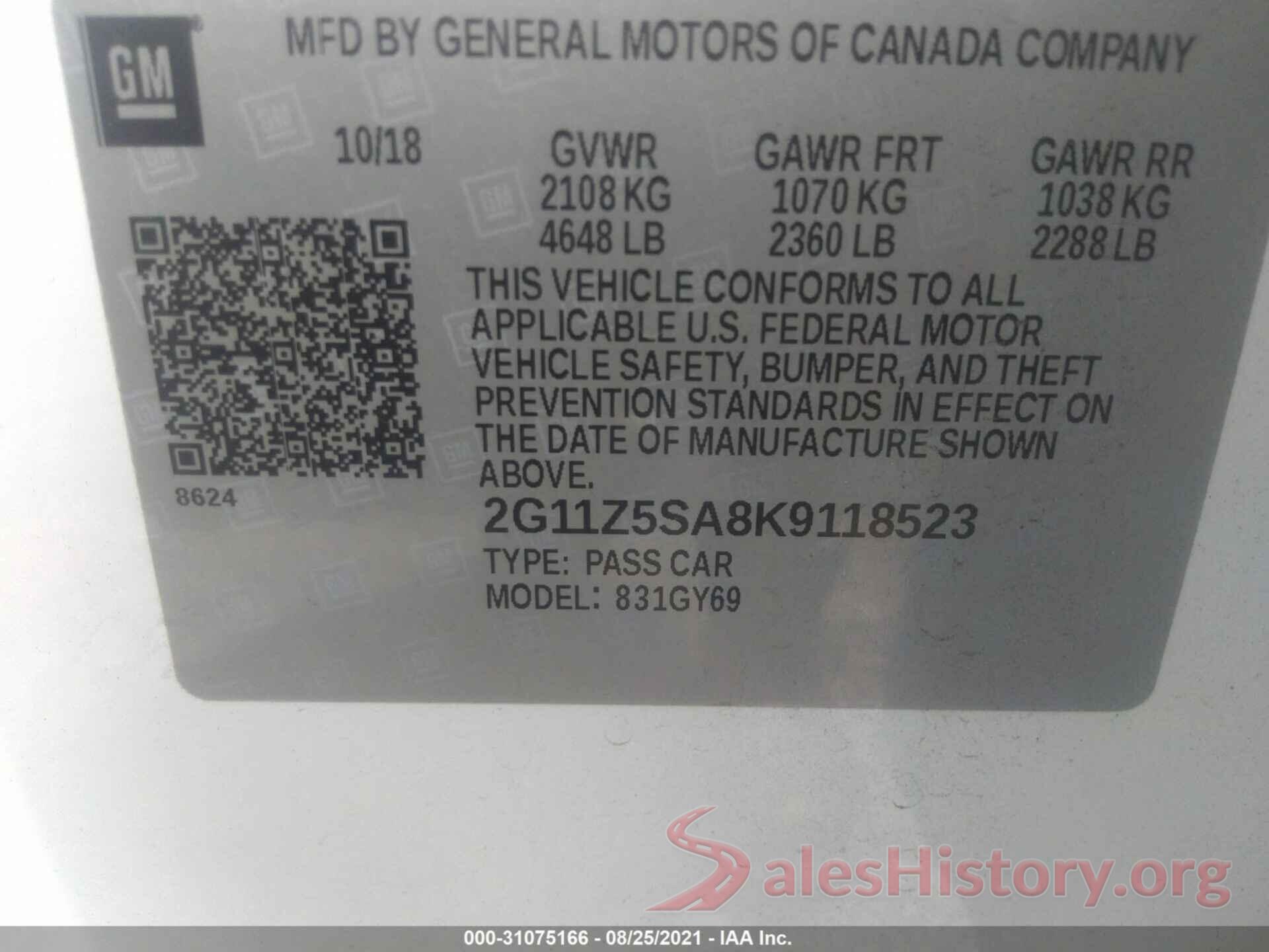 2G11Z5SA8K9118523 2019 CHEVROLET IMPALA