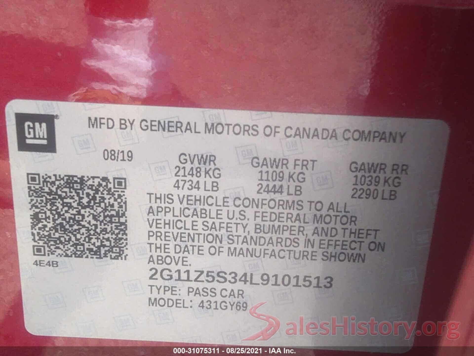 2G11Z5S34L9101513 2020 CHEVROLET IMPALA