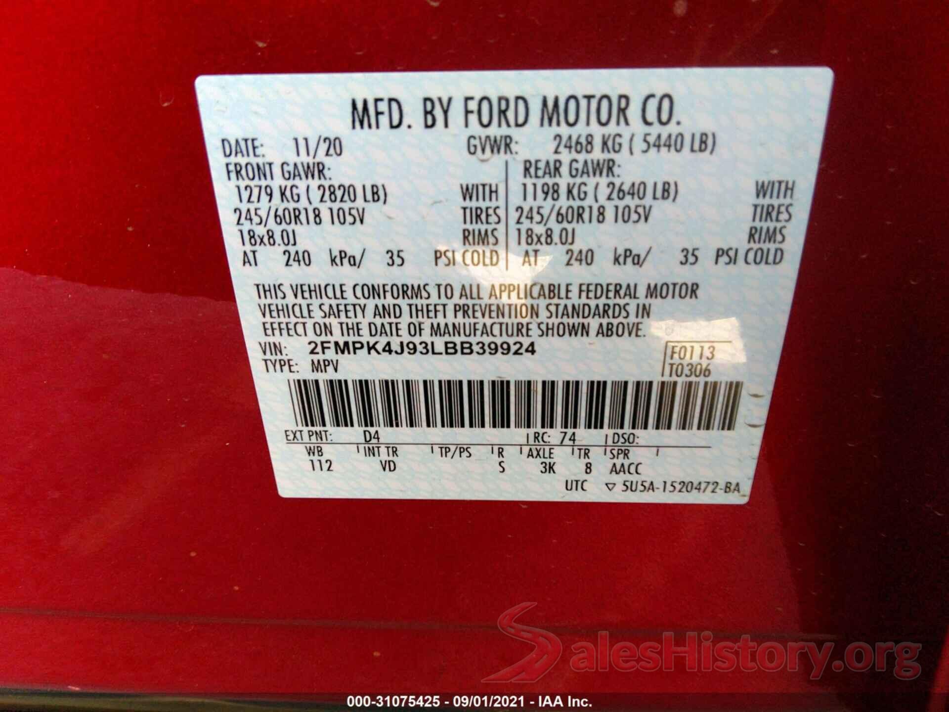 2FMPK4J93LBB39924 2020 FORD EDGE