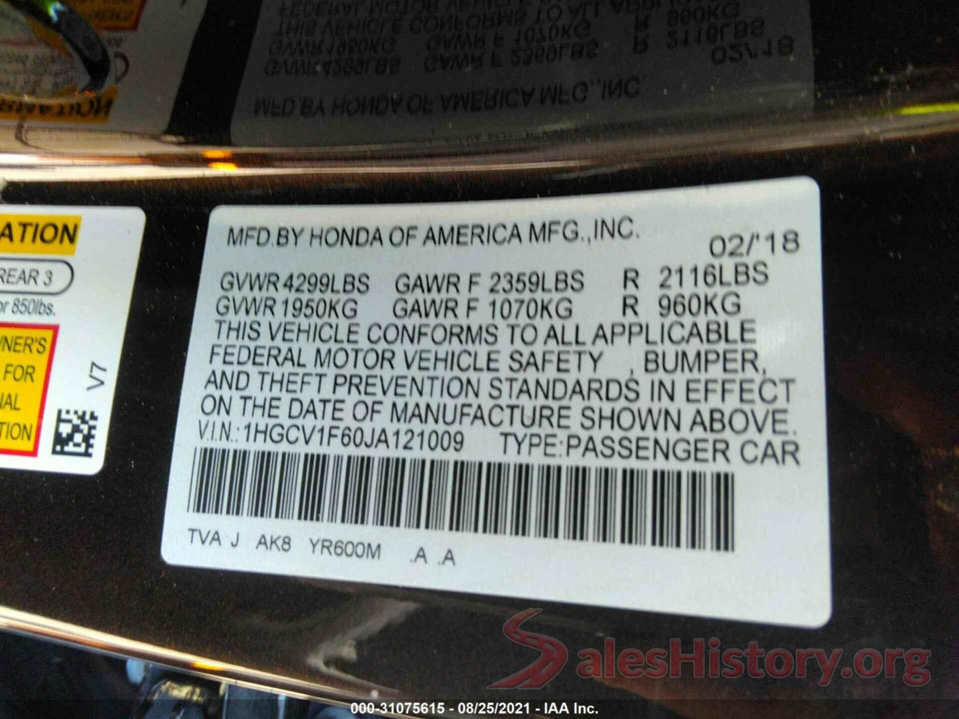 1HGCV1F60JA121009 2018 HONDA ACCORD SEDAN