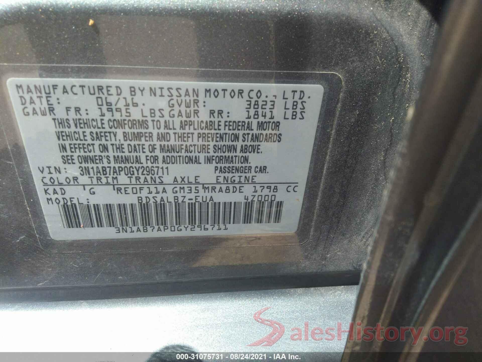 3N1AB7AP0GY296711 2016 NISSAN SENTRA