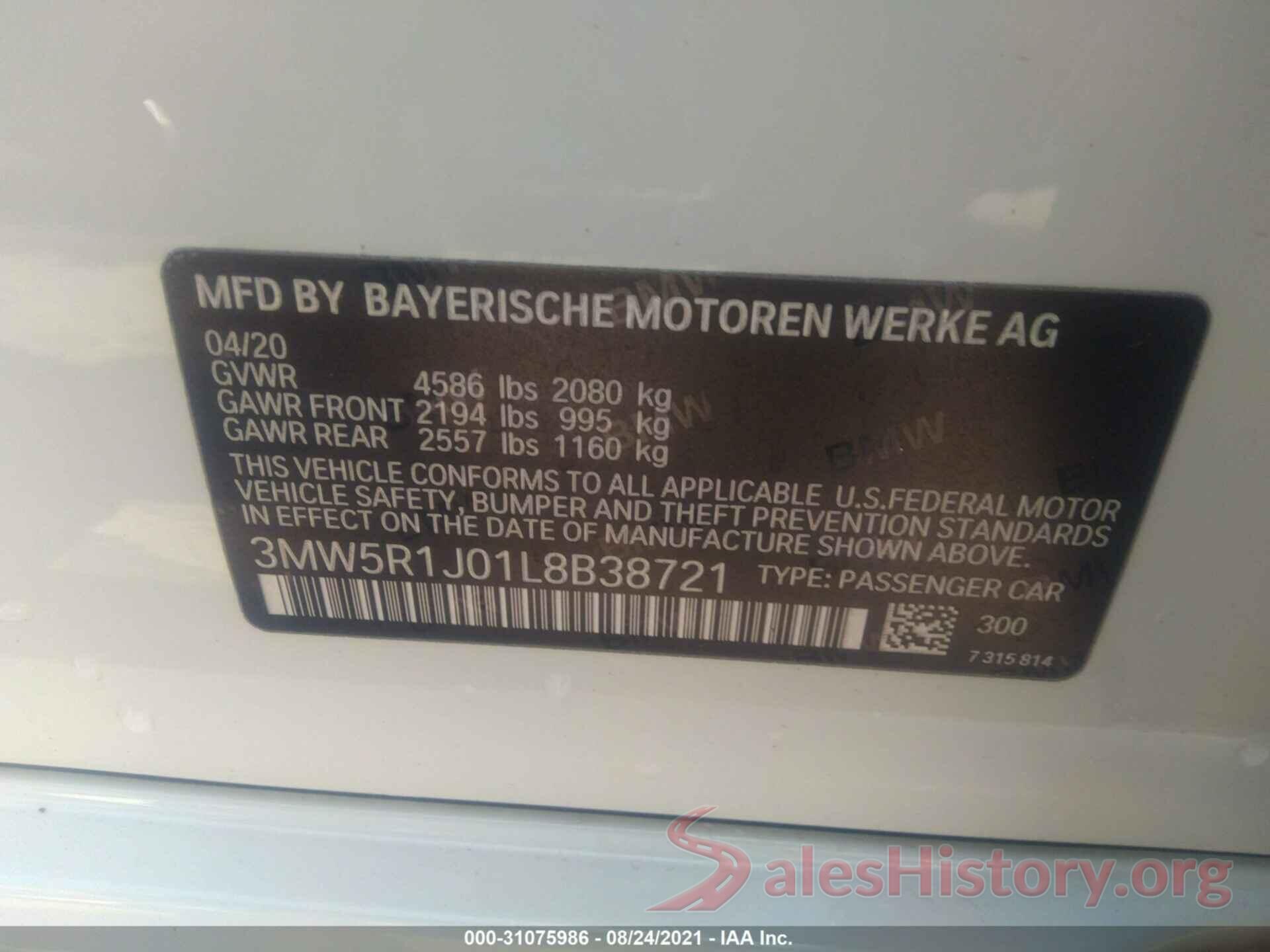 3MW5R1J01L8B38721 2020 BMW 3 SERIES