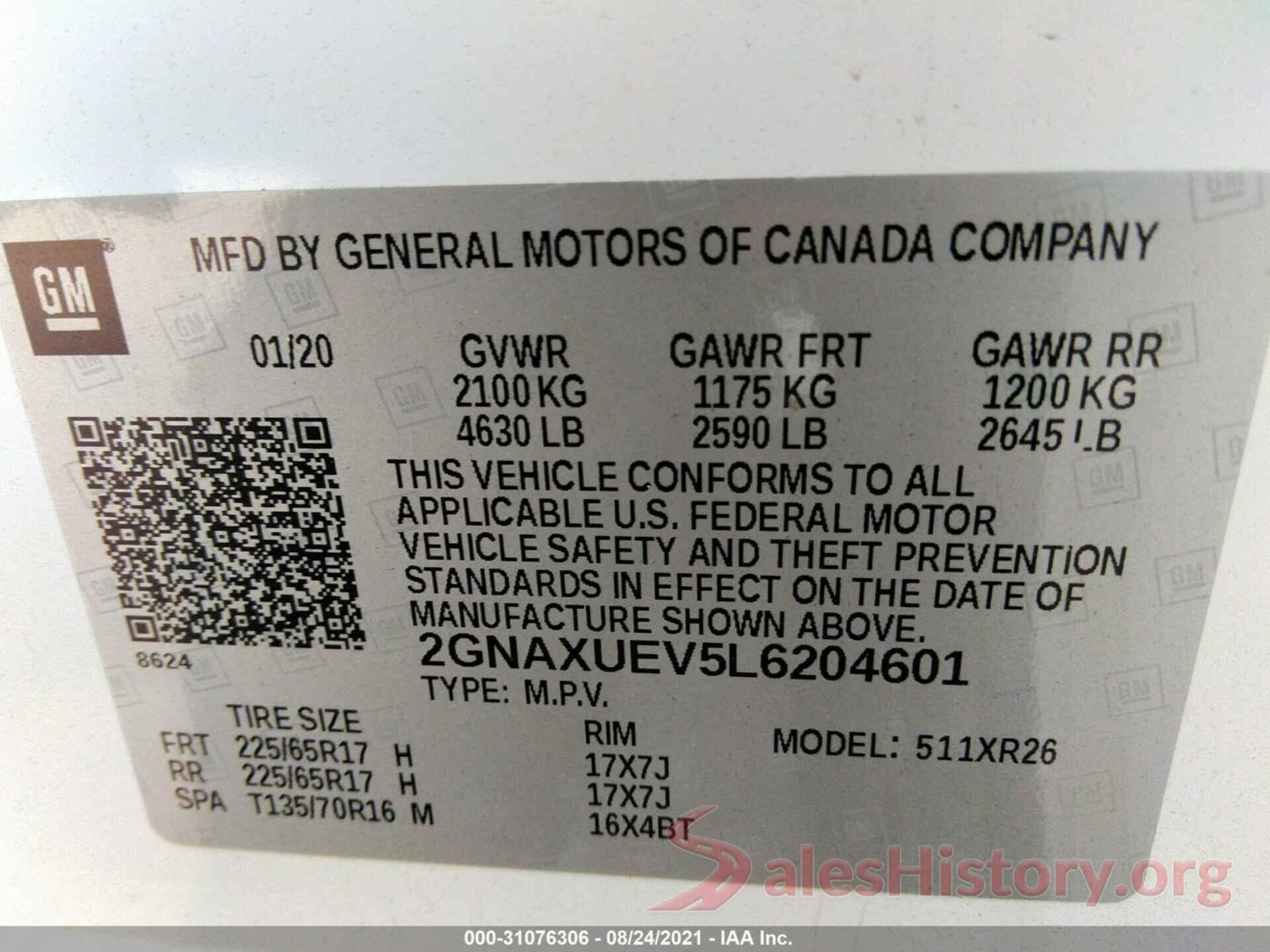 2GNAXUEV5L6204601 2020 CHEVROLET EQUINOX