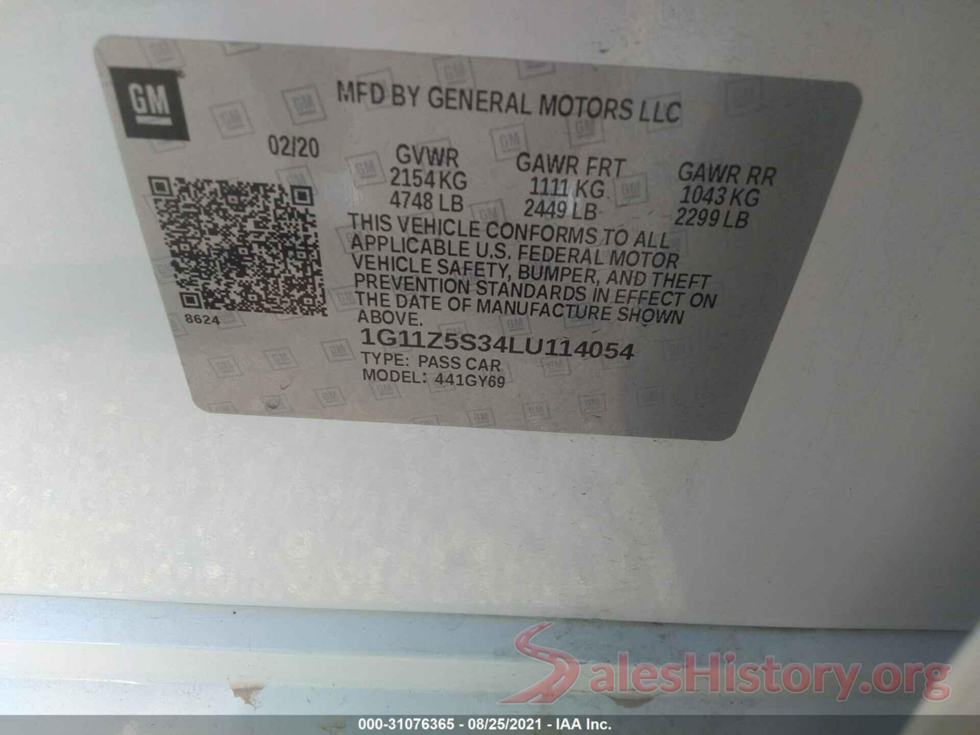 1G11Z5S34LU114054 2020 CHEVROLET IMPALA