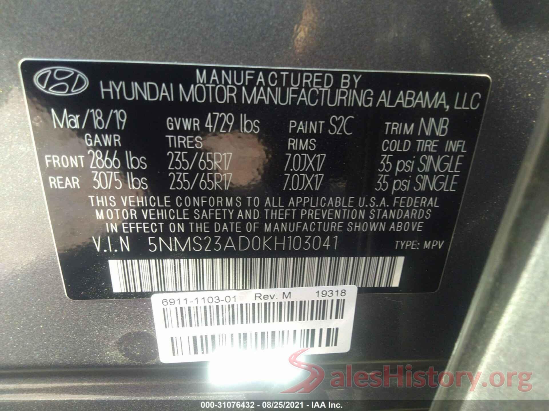 5NMS23AD0KH103041 2019 HYUNDAI SANTA FE