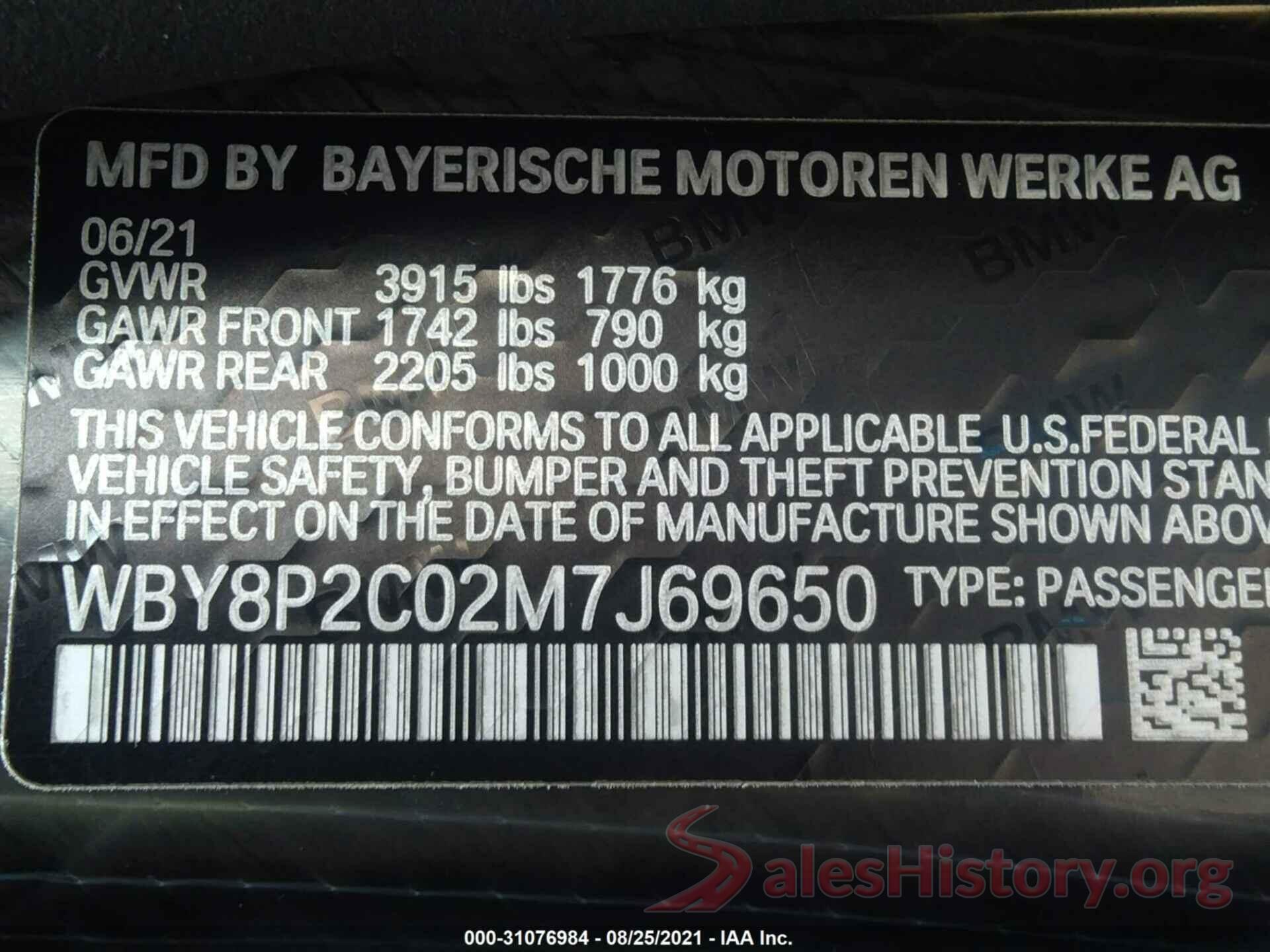 WBY8P2C02M7J69650 2021 BMW I3