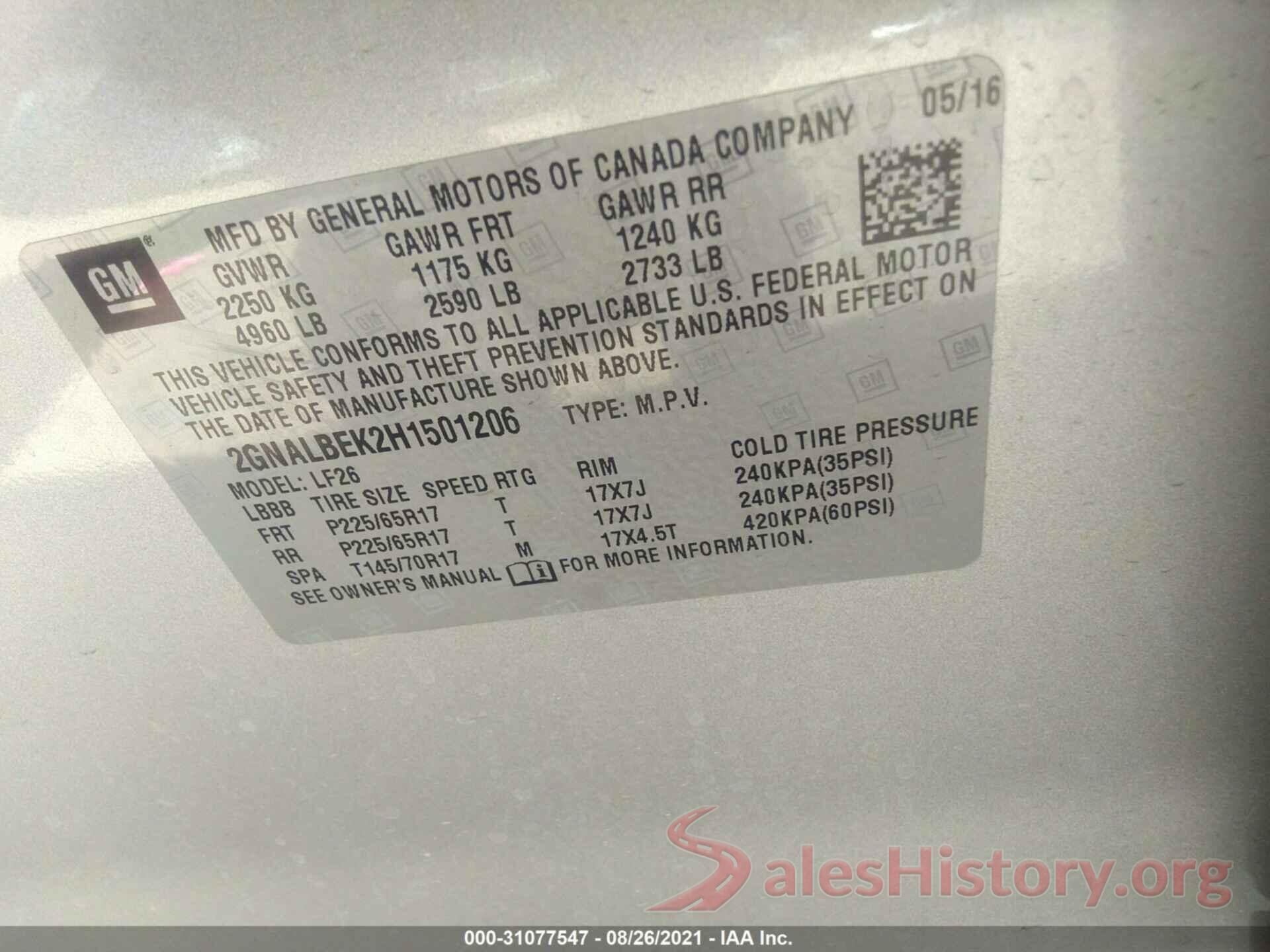 2GNALBEK2H1501206 2017 CHEVROLET EQUINOX