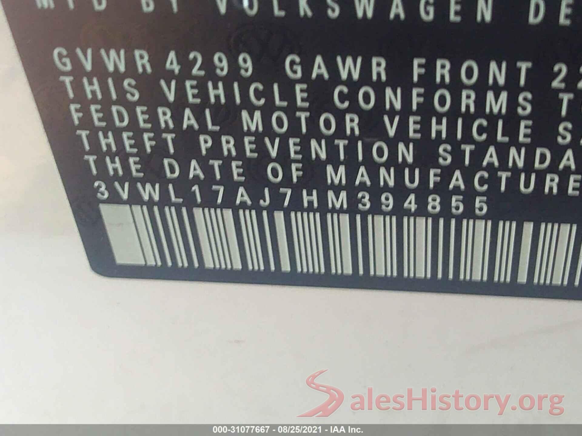 3VWL17AJ7HM394855 2017 VOLKSWAGEN JETTA