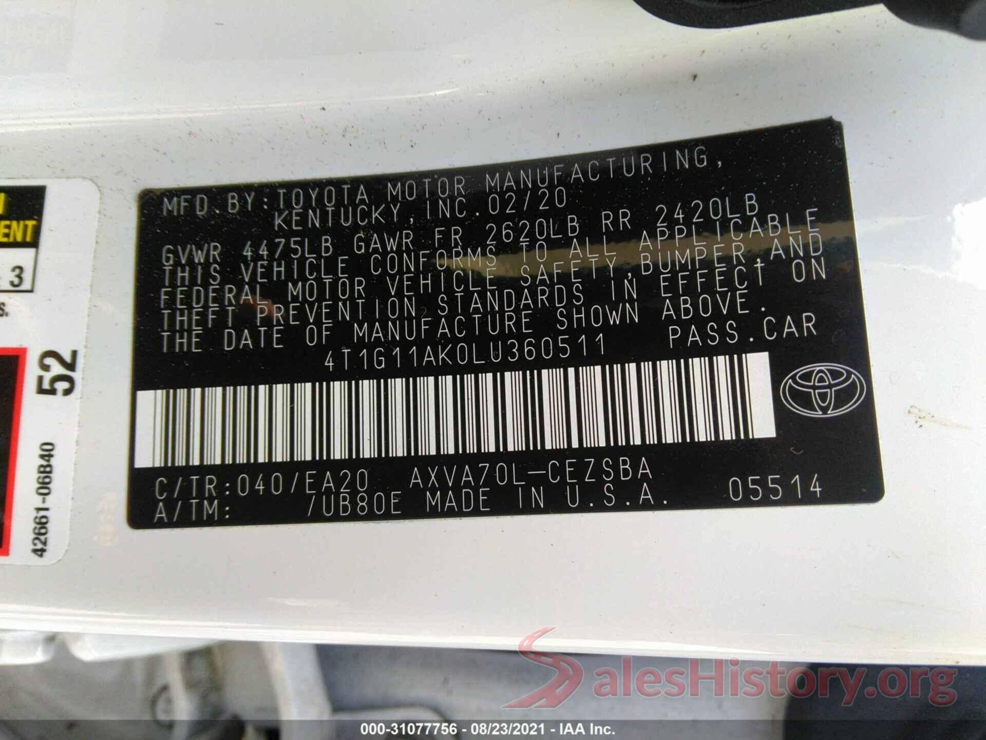 4T1G11AK0LU360511 2020 TOYOTA CAMRY