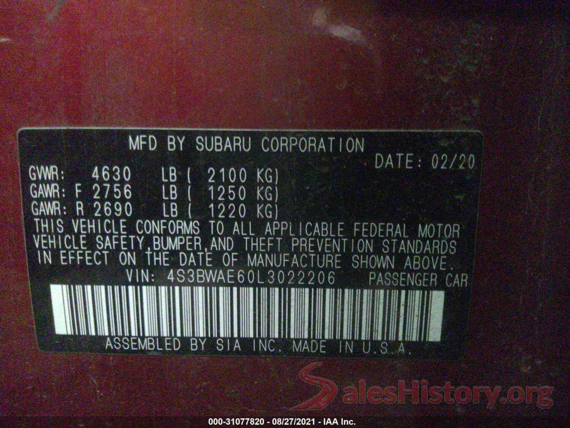 4S3BWAE60L3022206 2020 SUBARU LEGACY